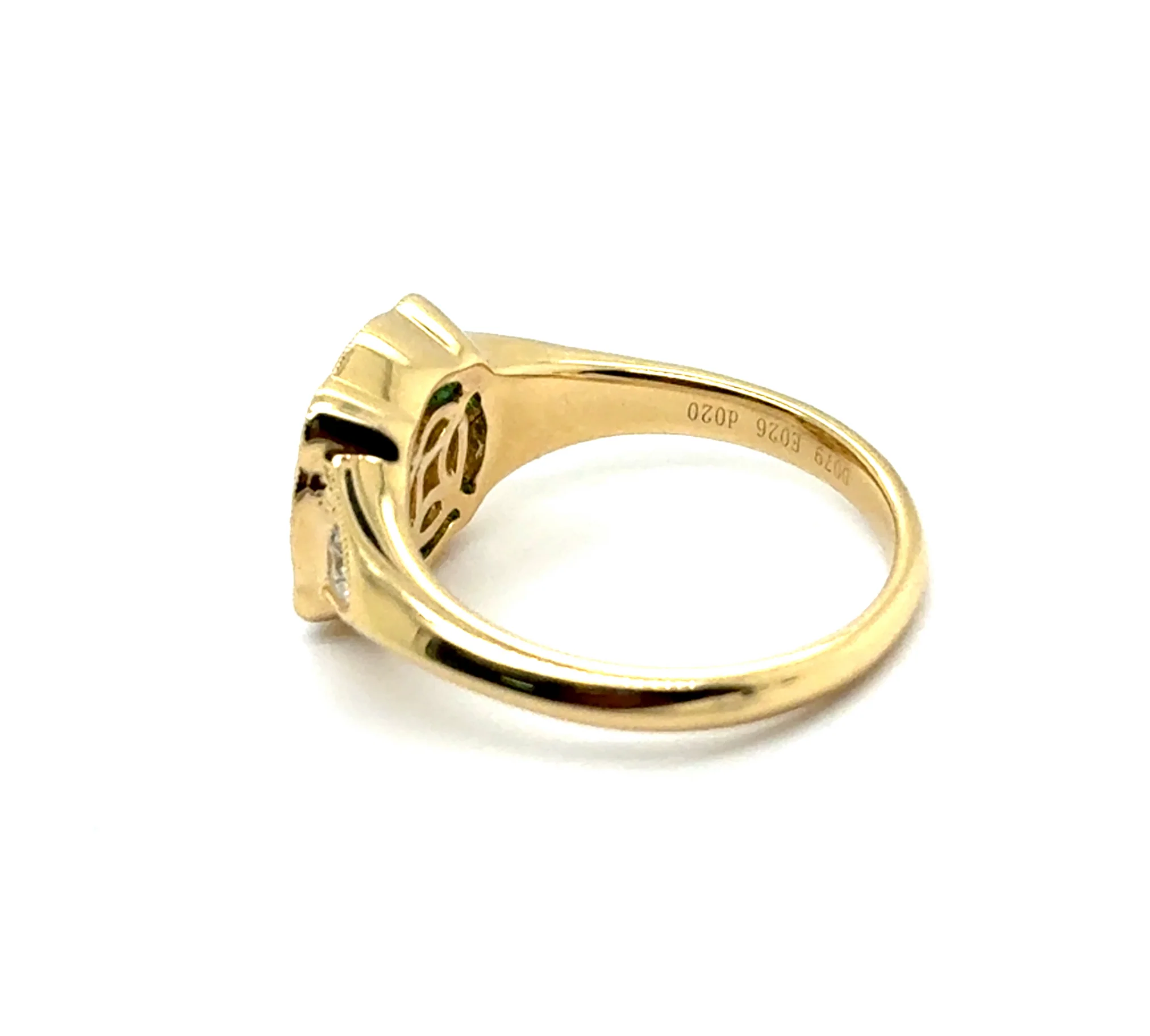 0.79 Carat European Cut Diamond and Emerald 18kt Yellow Gold Engagement Ring - Image 2