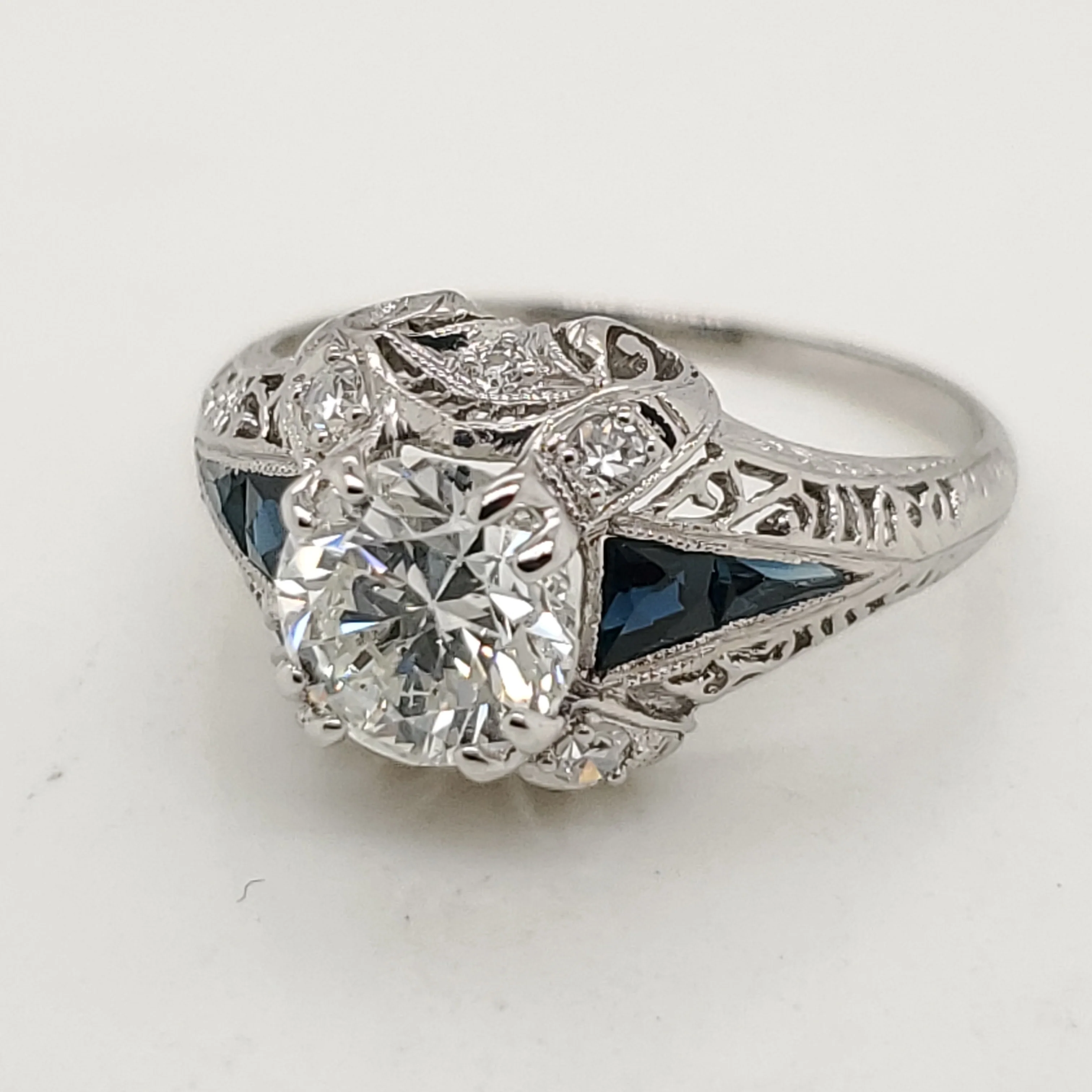 1.09 Carat Round Transitional Cut Diamond Art Deco Engagement Ring