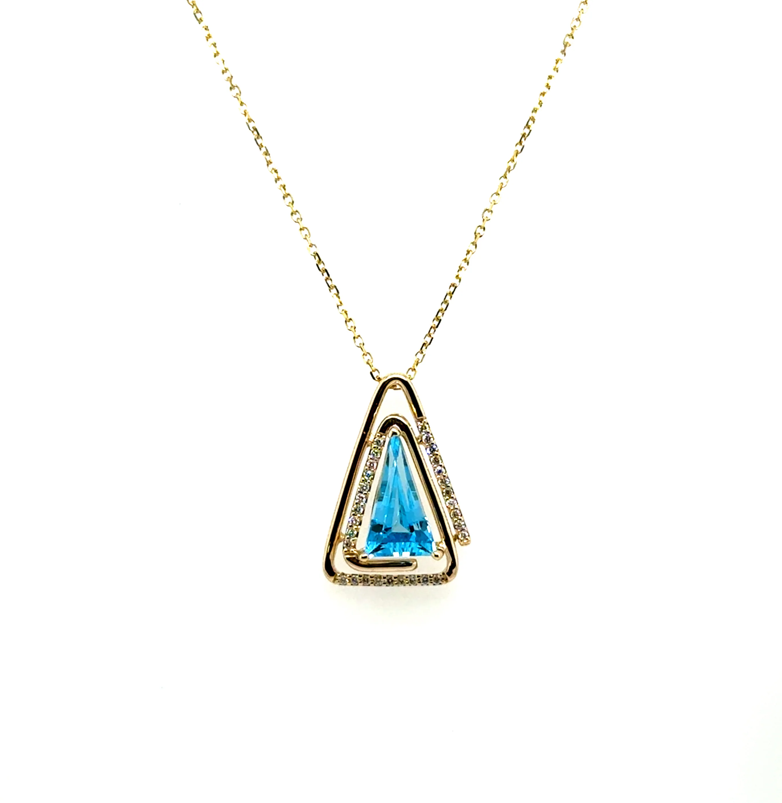 1.25Ctw 14kt Blue Topaz And Diamond Triangle Pendant