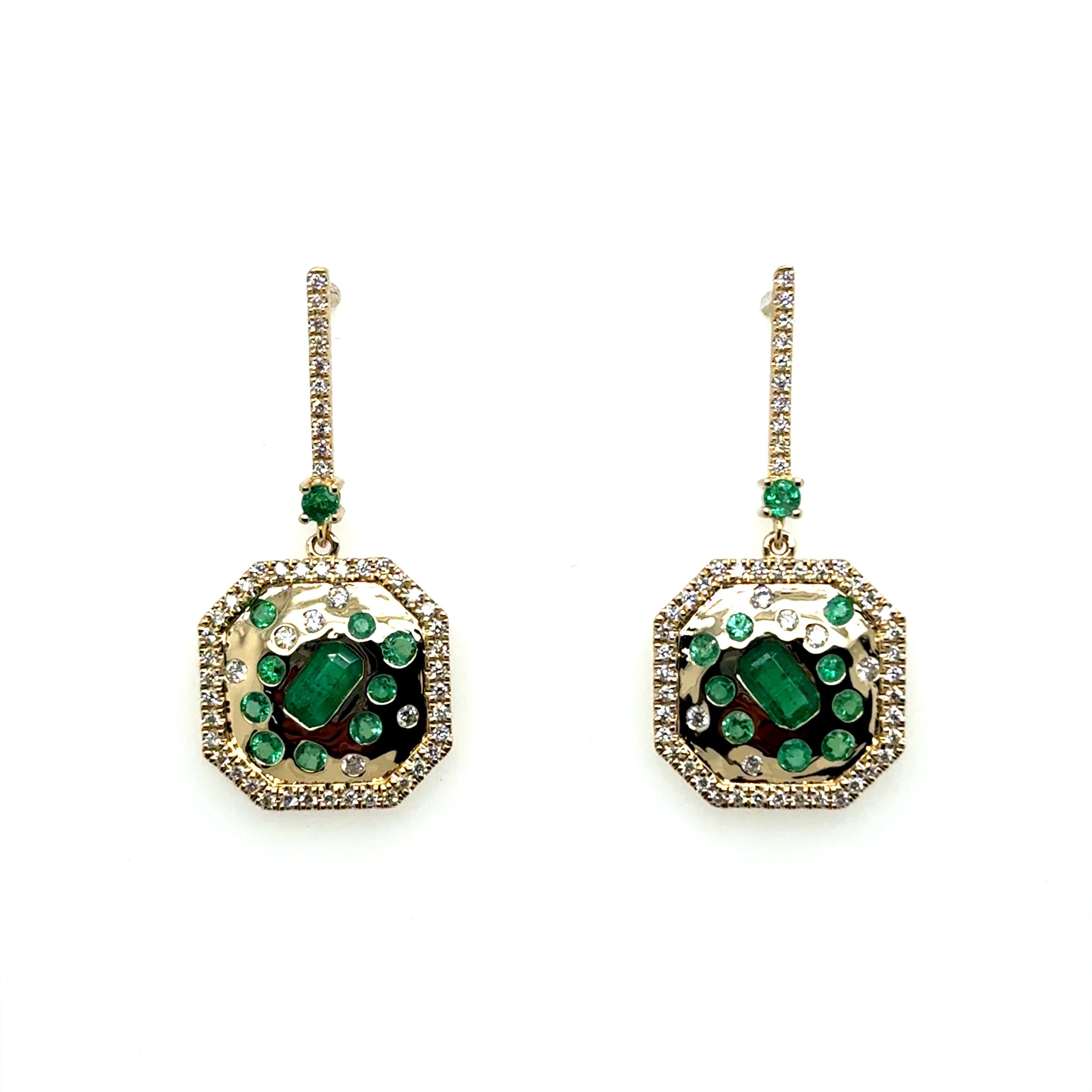 1.43Ctw 14kt Yellow Gold Emerald And Diamond Octagon Drop Earrings