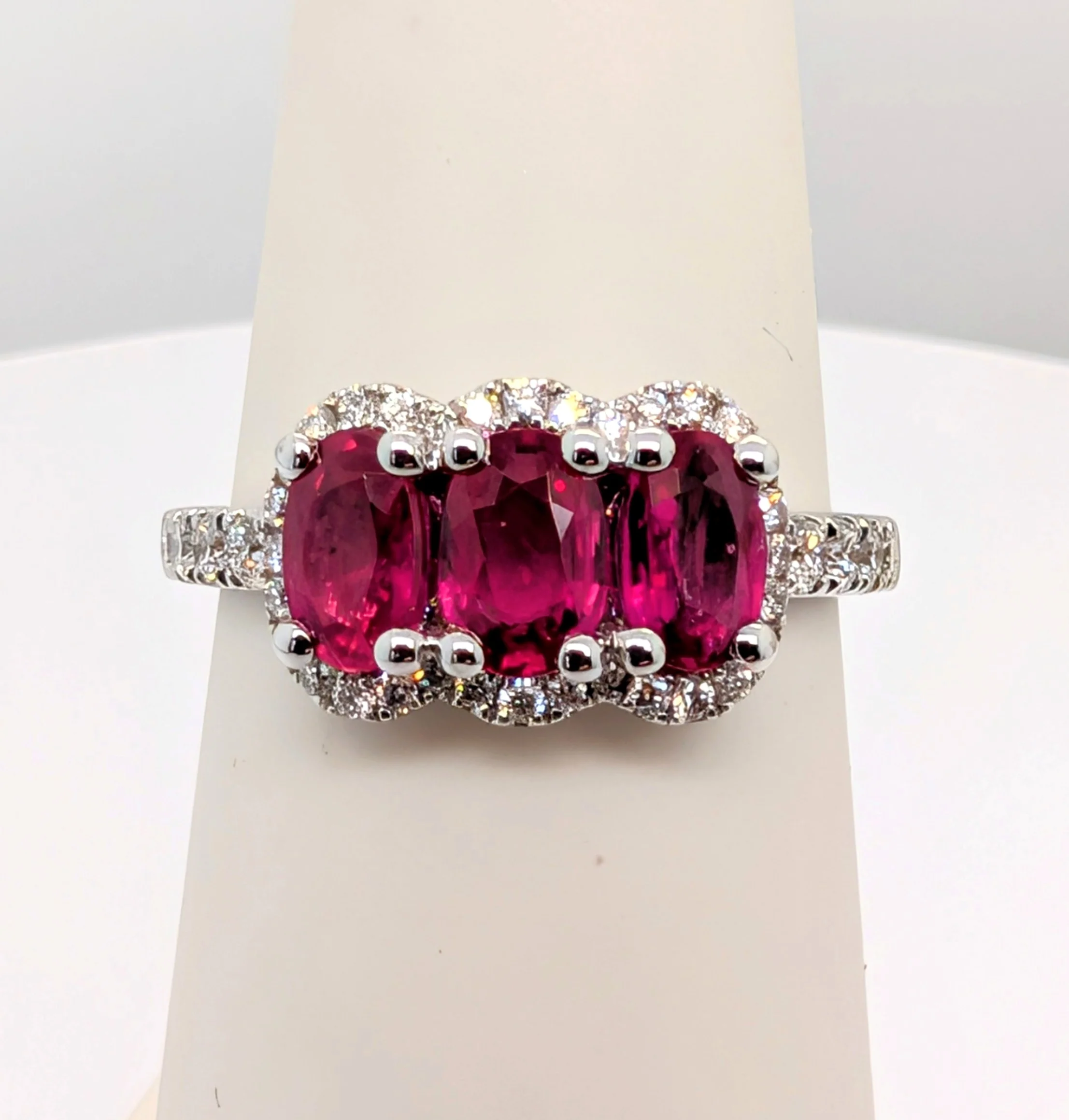 14K White Gold 1.51ctw Triple Oval Ruby and Diamond Halo Style Ring 0.34ctw