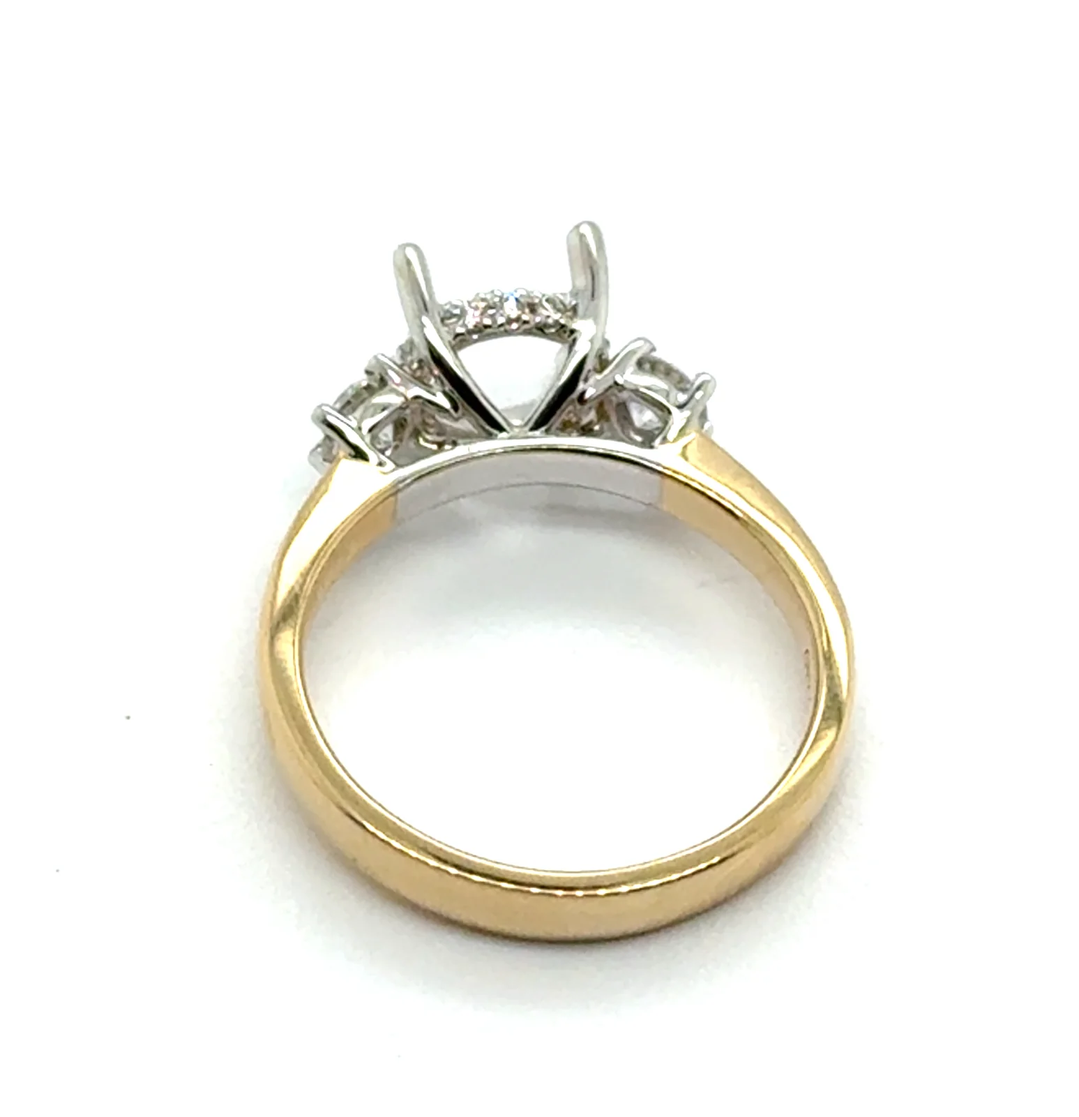 14kt White And Yellow Gold Three Stone Hidden Halo Diamond Semi-Mount Ring 7.5Mm Center - Image 2