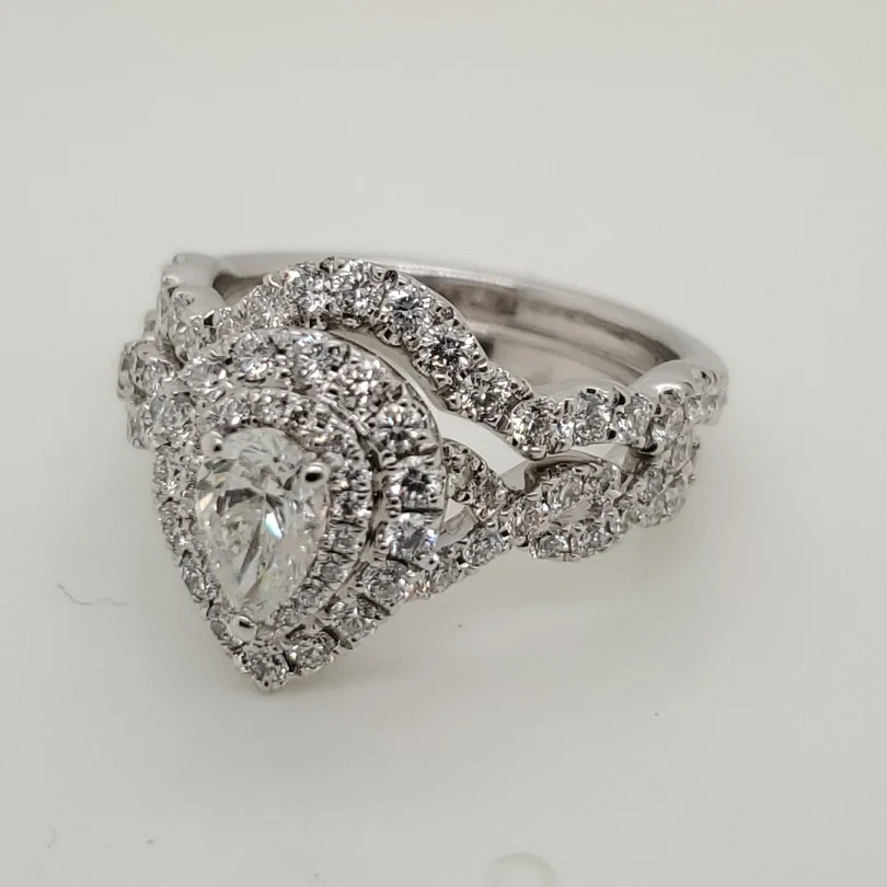 14kt White Gold .60 Carat Pear Shaped Diamond Engagement Ring and Wedding Band Set