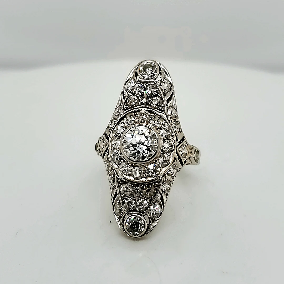 14kt White Gold Art Deco Filigree Diamond Dinner Ring