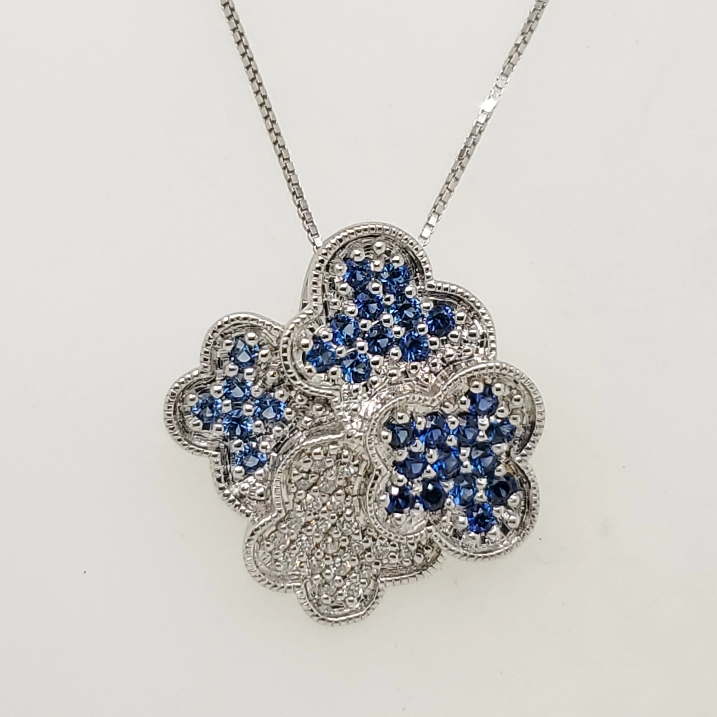 14kt White Gold Blue Sapphire and Diamond Flower Pendant Necklace