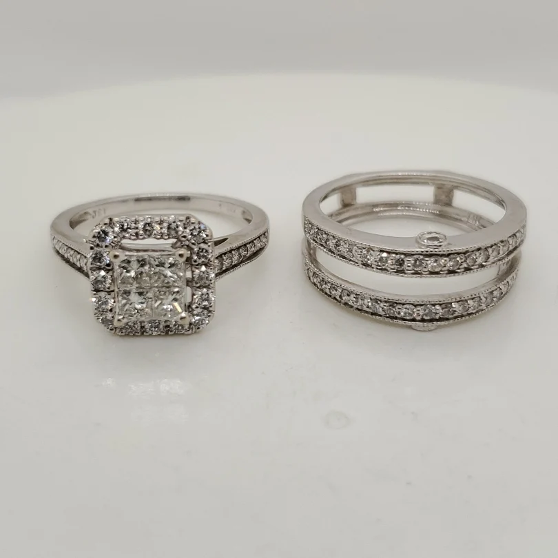 14Kt White Gold Princess and Round Cut Diamond Wedding Set - Image 2