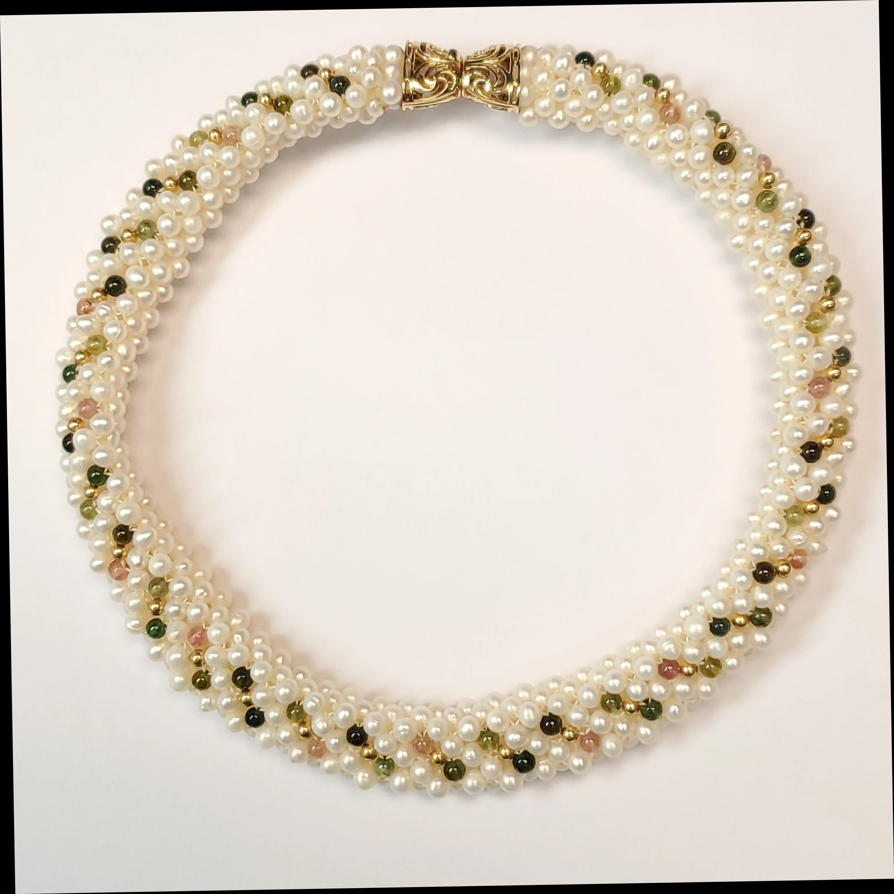 14kt Yellow Gold and Tourmaline Woven Pearl Choker Necklace