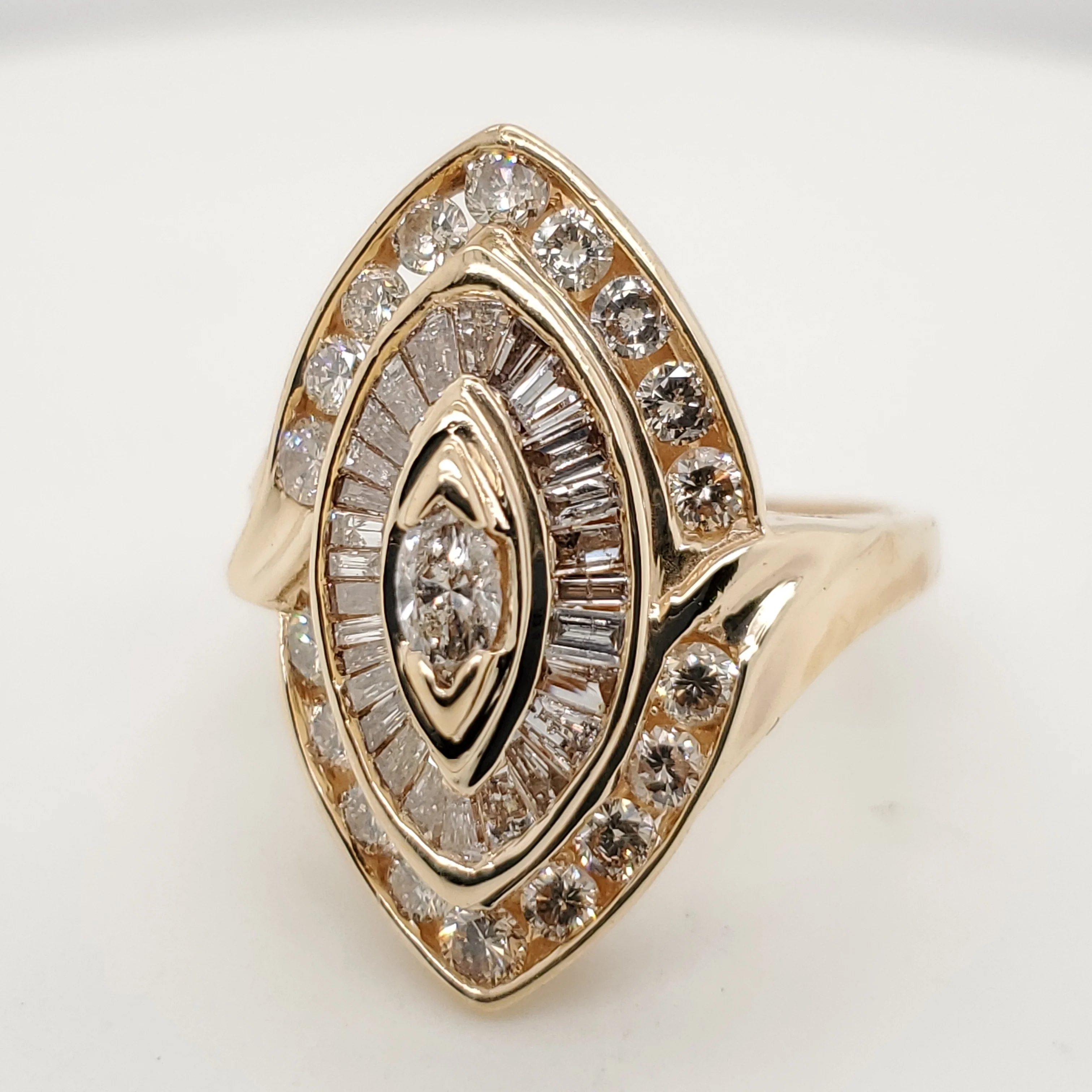 14kt Yellow Gold Marquise Round and Baguette Diamond Ring
