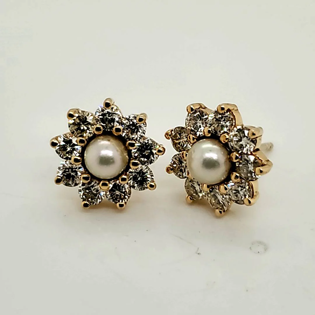 14kt Yellow Gold Pearl and Diamond Stud Earrings