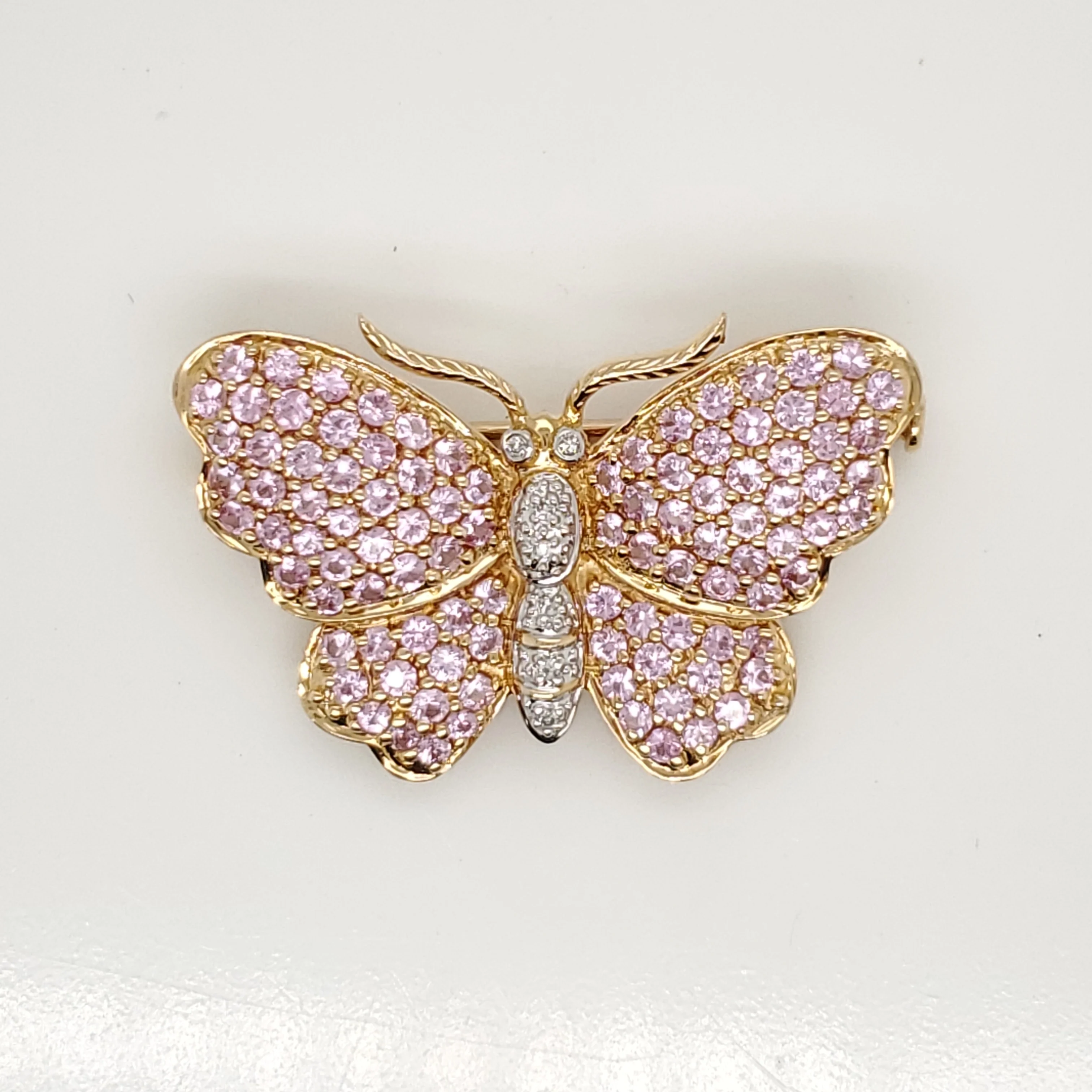14kt Yellow Gold Pink Topaz and Diamond Butterfly Brooch