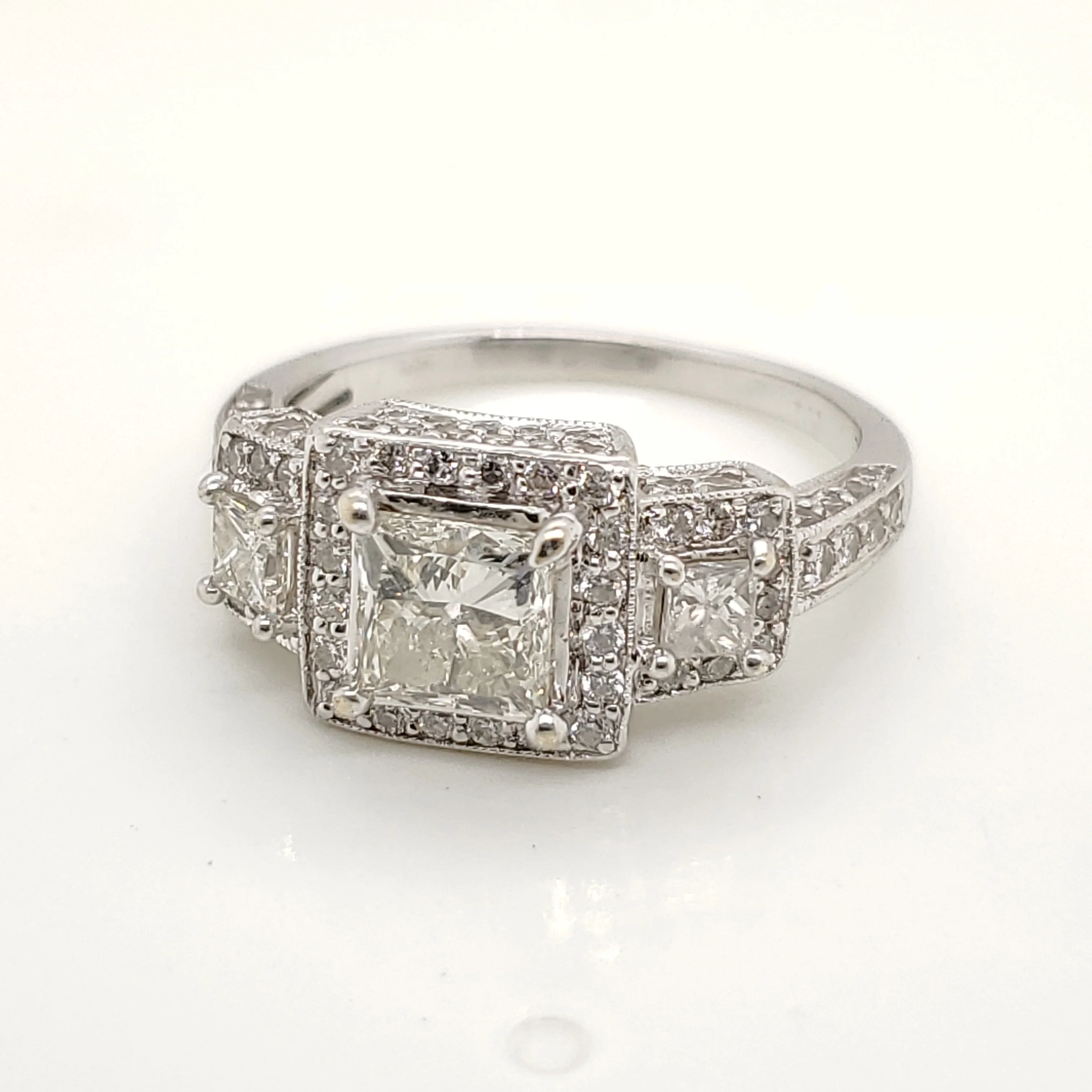 18kt White Gold Three Princess Cut Diamond Engagement Ring
