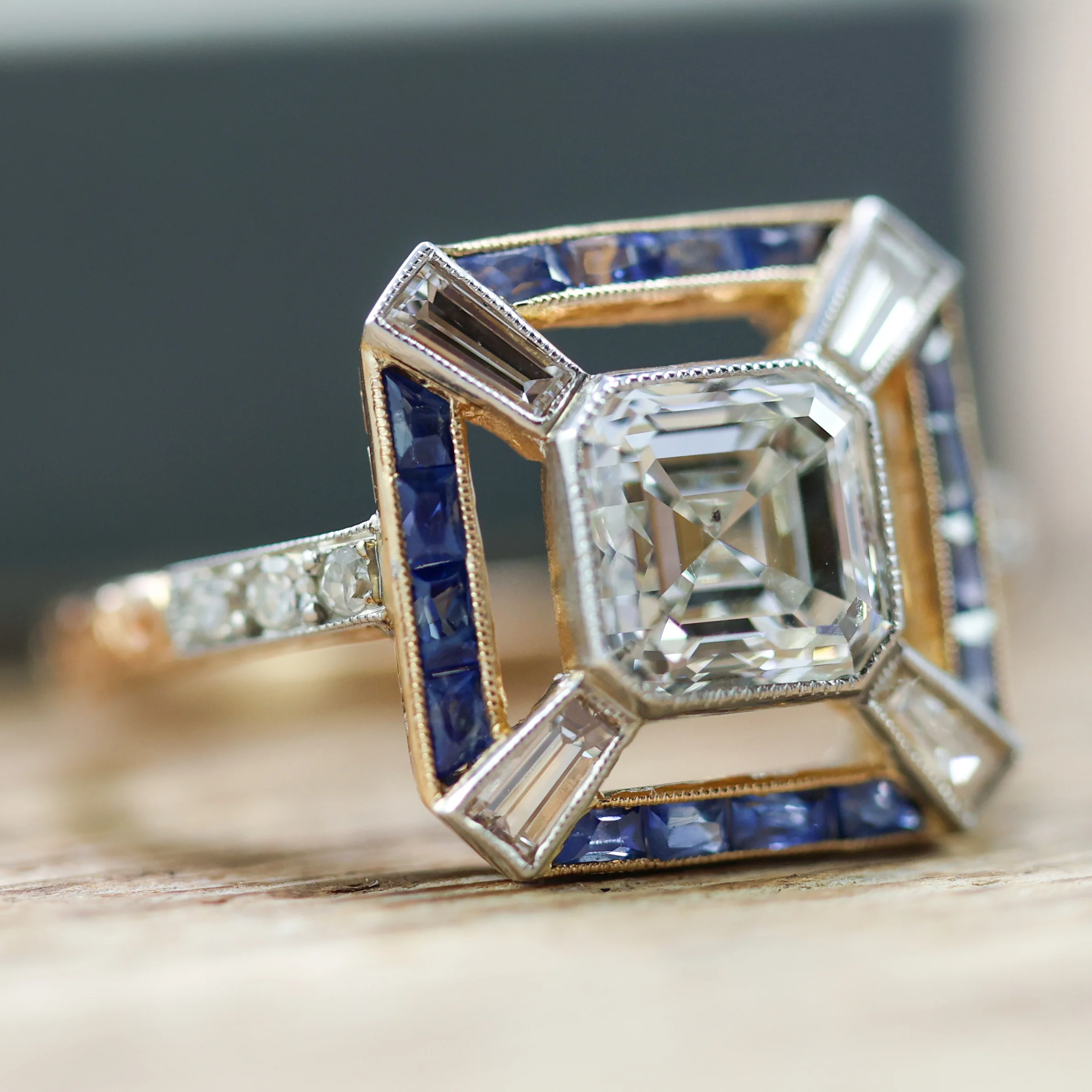18kt Yellow Gold 1.75 Carat Asscher Cut Diamond and Sapphire Ring - Image 3