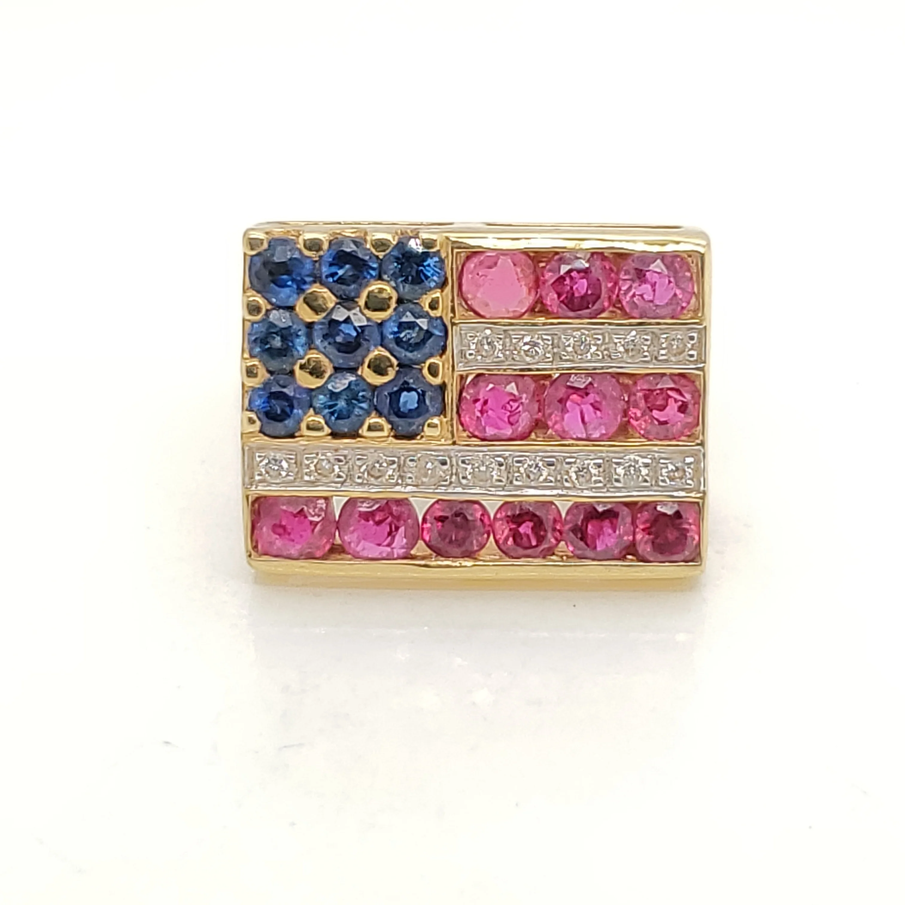 18kt Yellow Gold Diamond Sapphire And Ruby American Flag Brooch