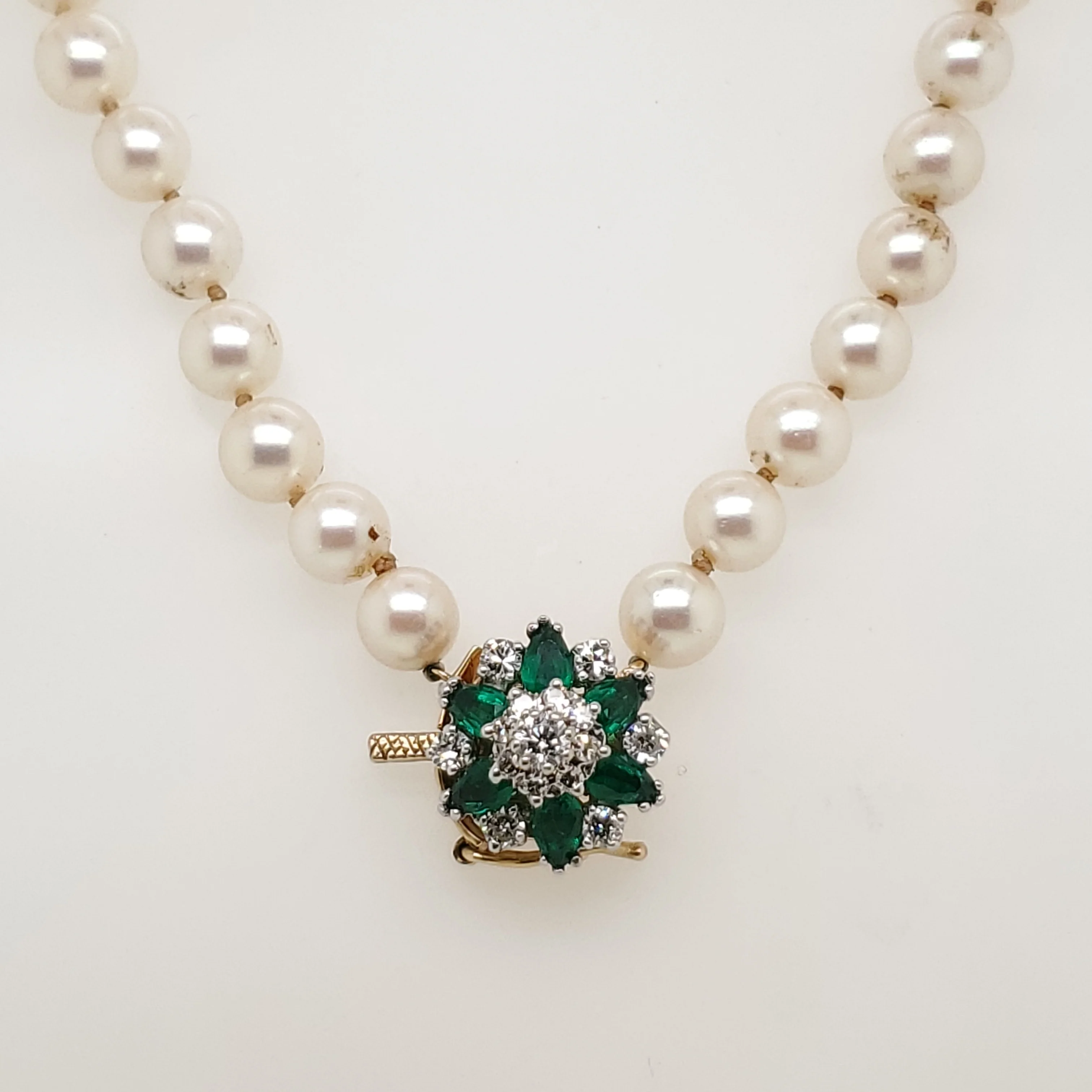 32"" Cultured Akoya Pearl Strand With Emerald and Diamond Clasp