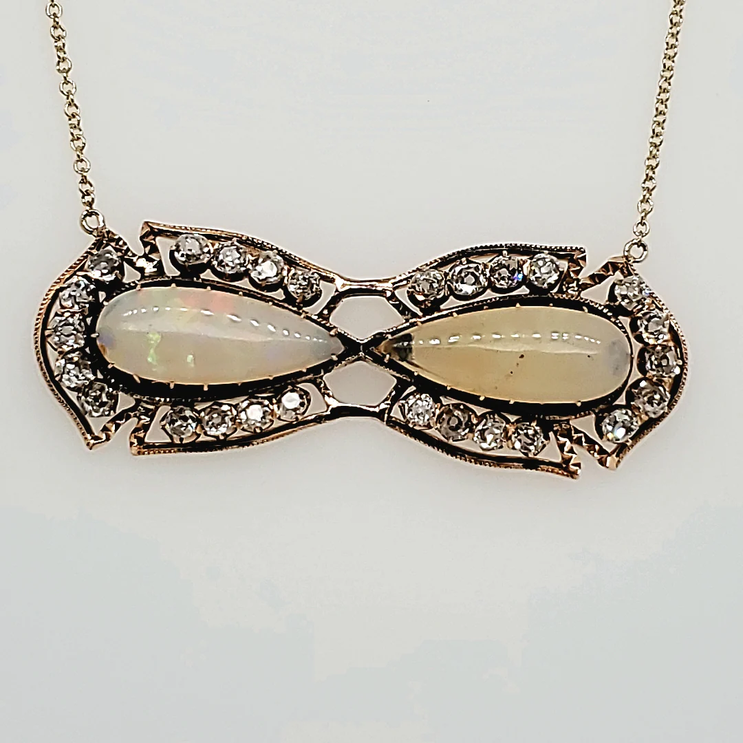 Antique 14kt Yellow Gold Opal and Diamond Necklace