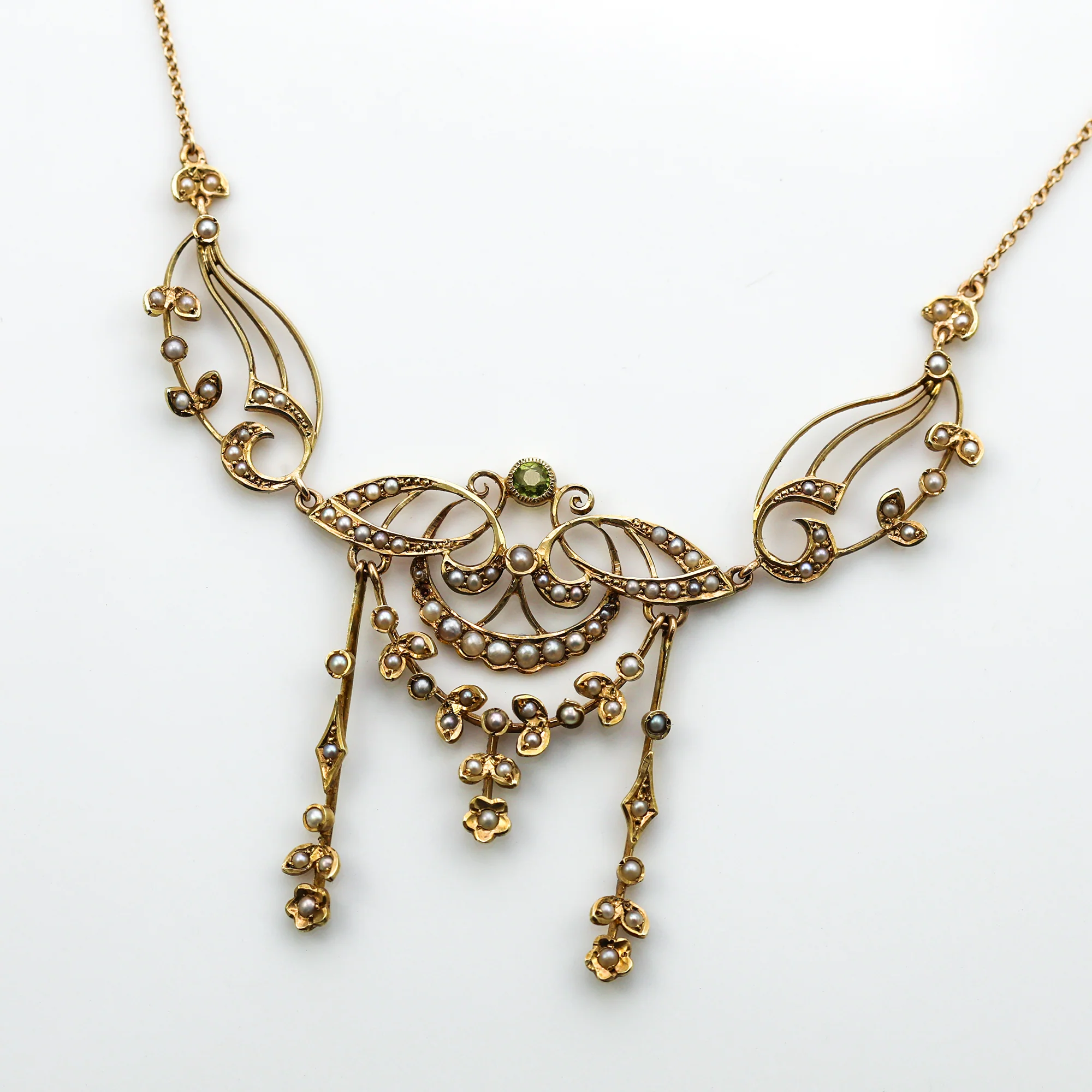 Antique Victorian Peridot and Natural Seed Pearl Festoon Necklace