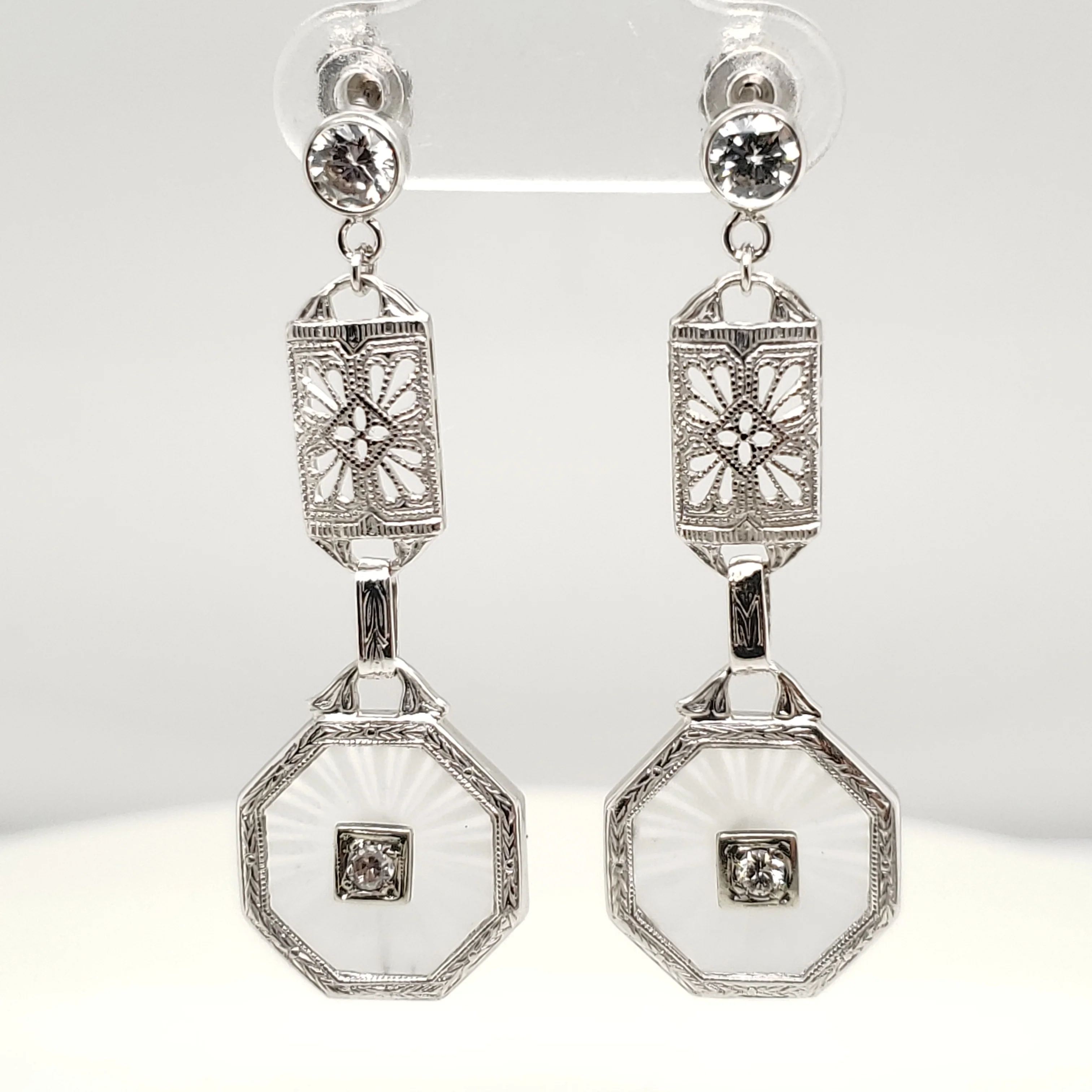 Art Deco 14kt White Gold Camphor Glass and Diamond Dangle Earrings