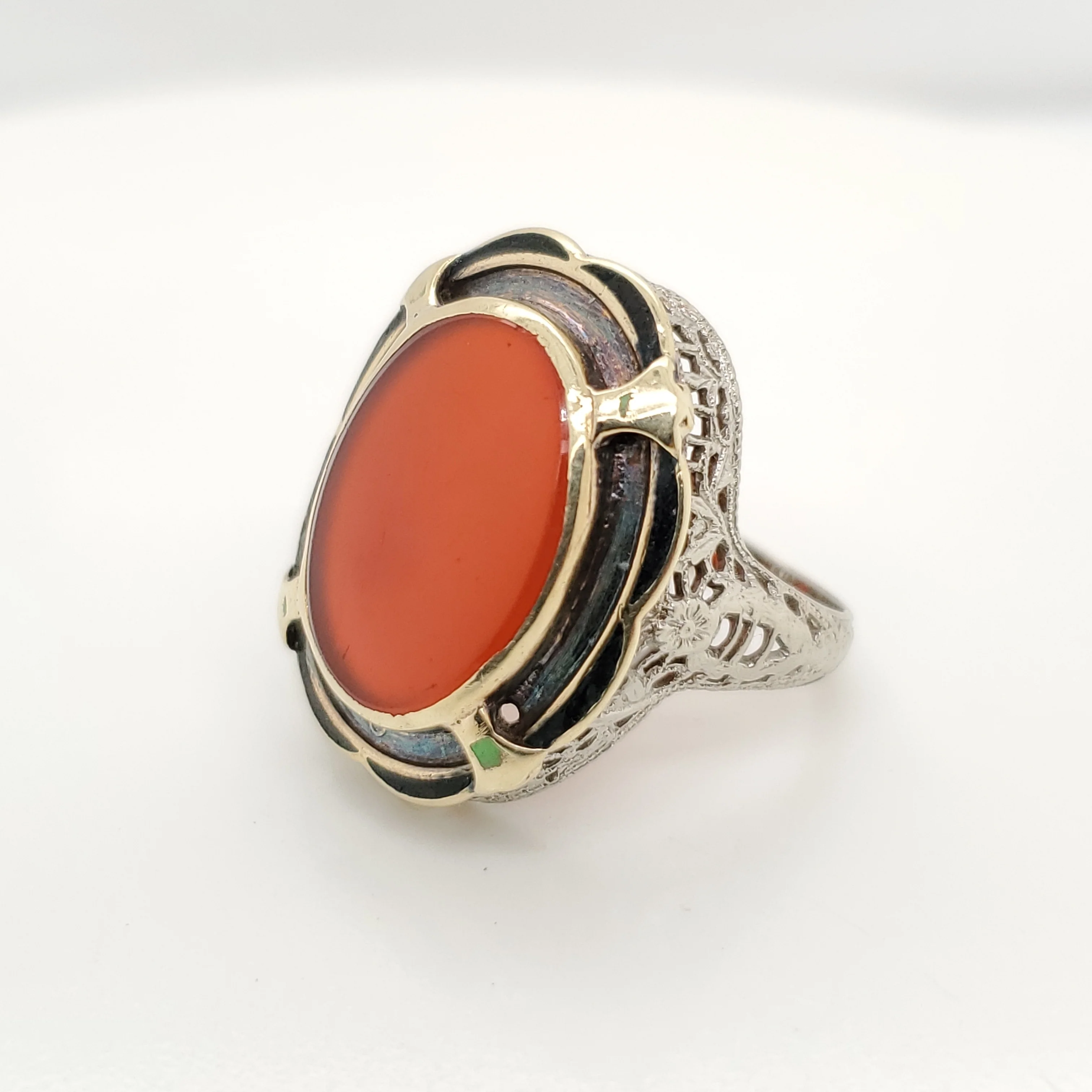 Art Deco 14kt White Gold Carnelian and Enamel Filigree Ring