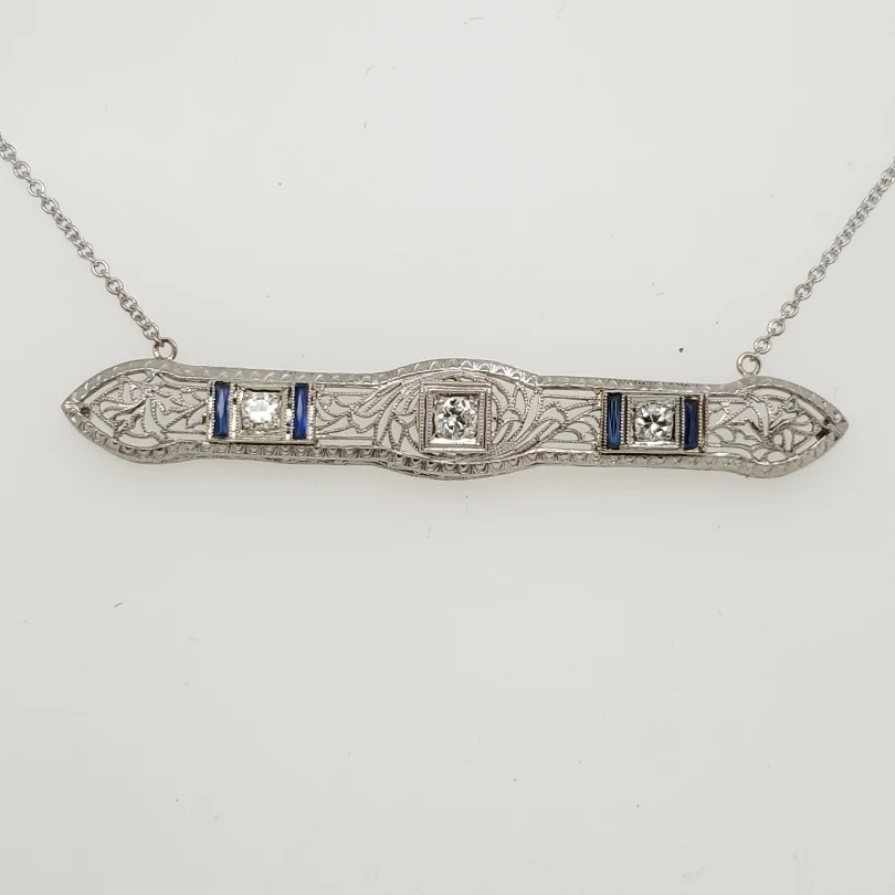 Art Deco 14kt White Gold Diamond and Sapphire East/West Necklace