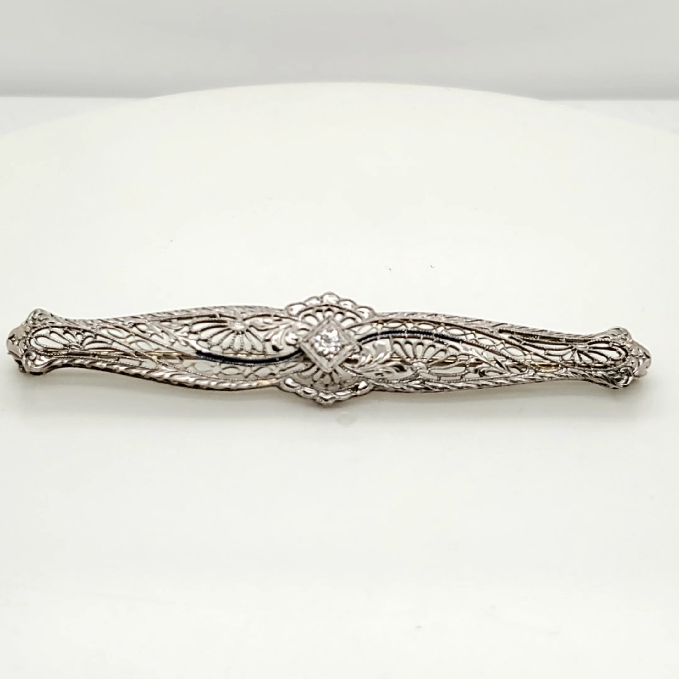 Art Deco 14kt White Gold Filigree and Blue Enamel Diamond Brooch