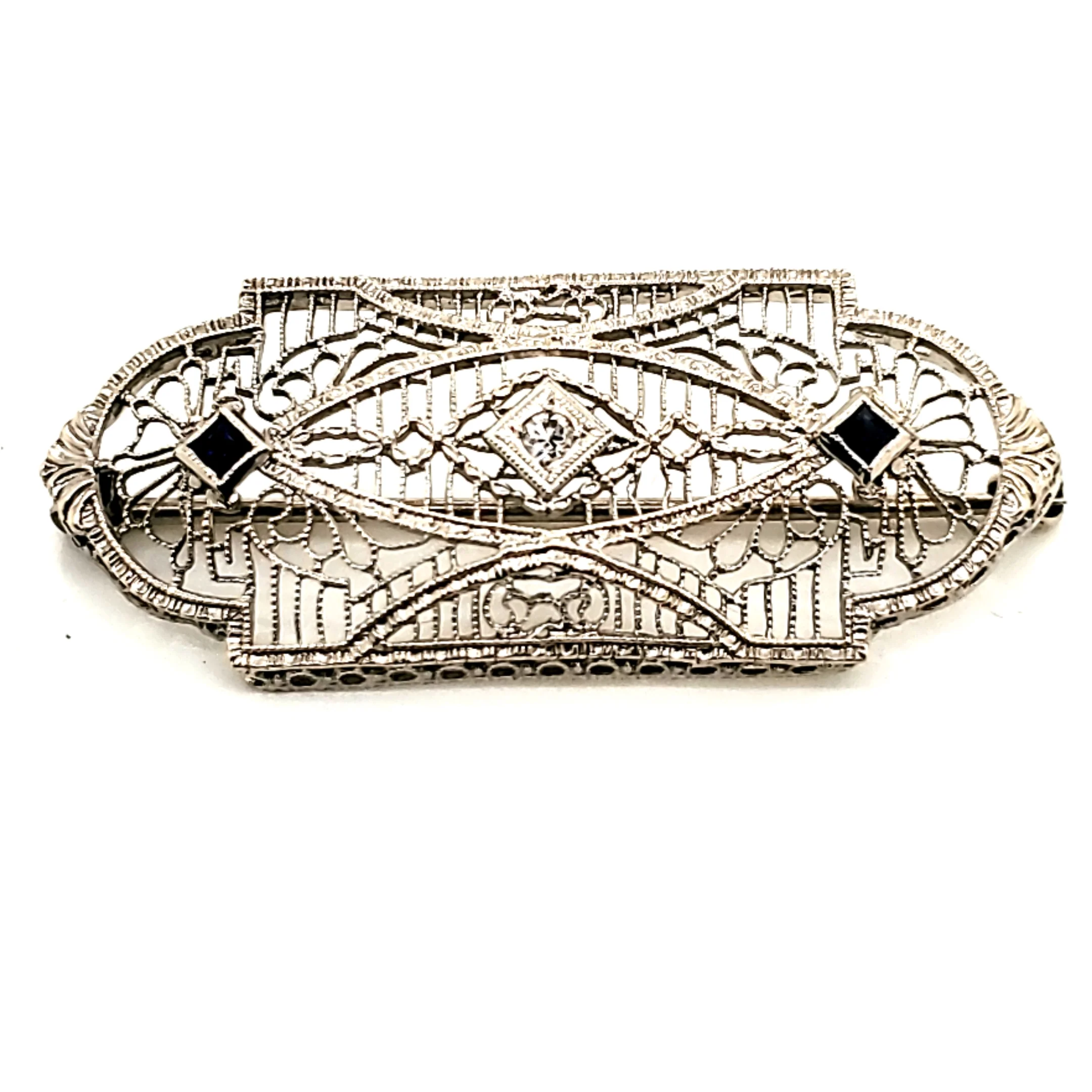 Art Deco 14kt White Gold Filigree Sapphire and Diamond Brooch