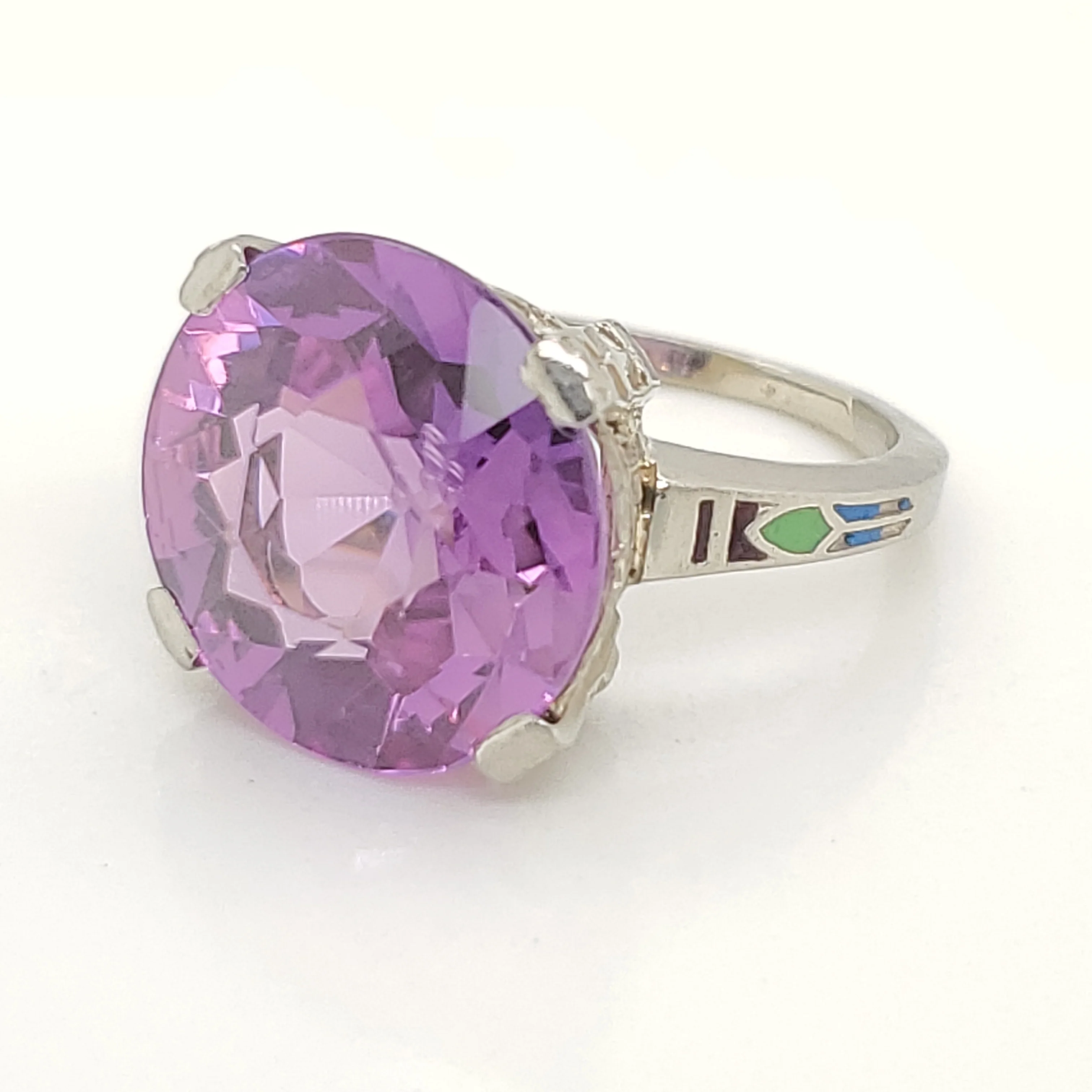 Art Deco 14kt White Gold Synthetic Pink Sapphire Ring