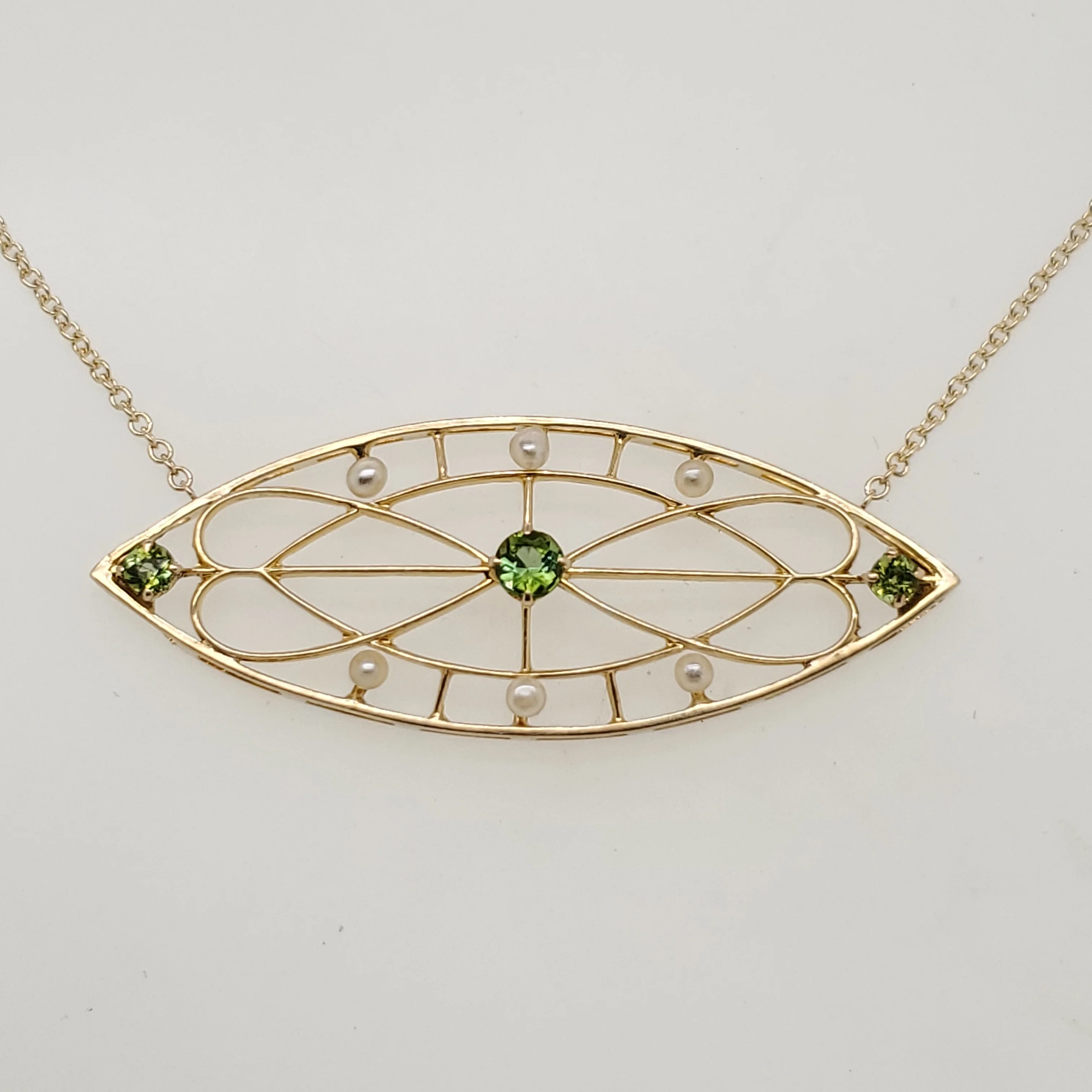 Art Deco 14kt Yellow Gold Green Tourmaline and Pearl Filigree Necklace
