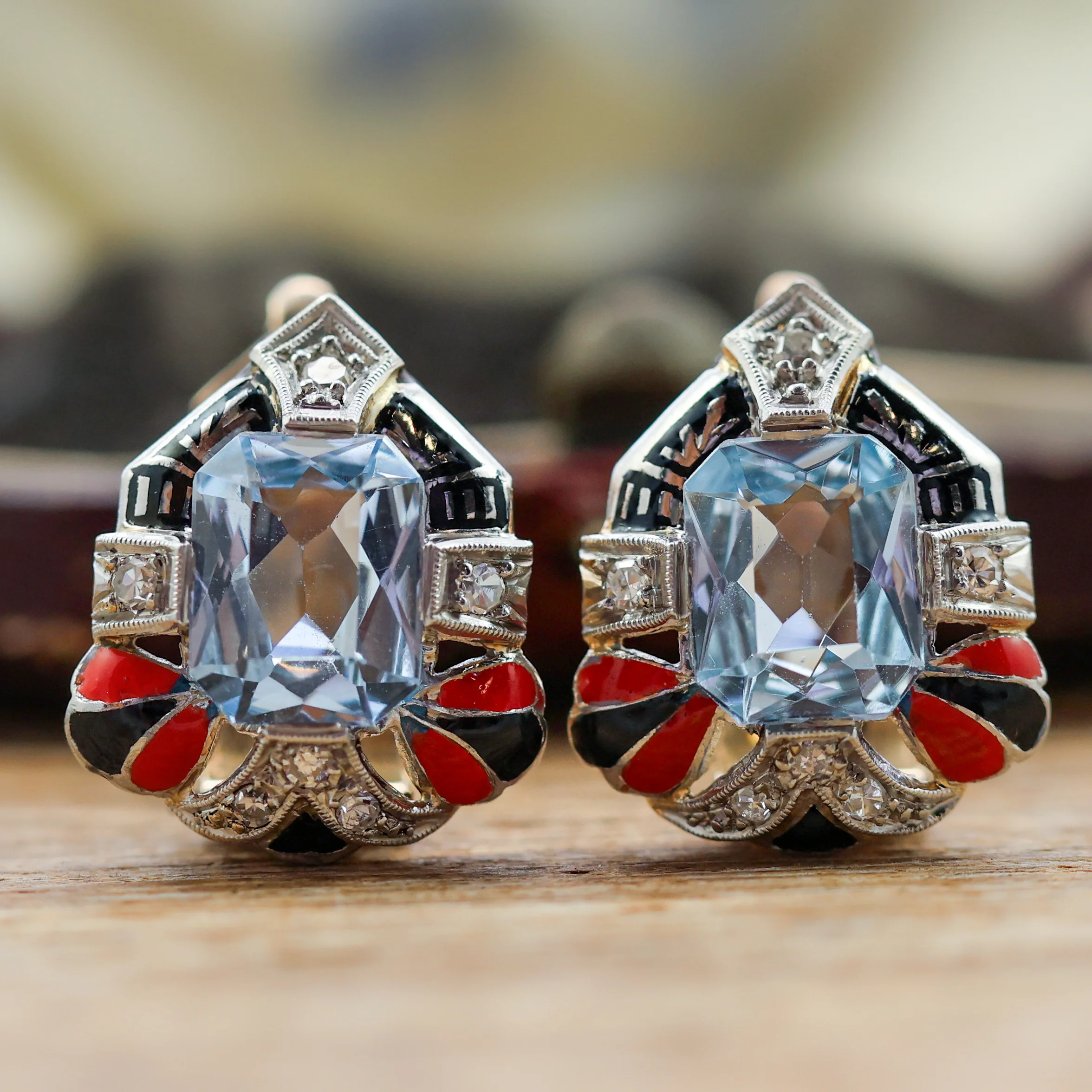 Art Deco 18kt Gold Aquamarine and Enamel Earrings