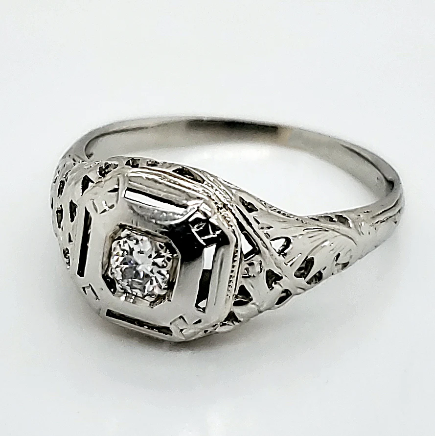Art Deco 18Kt White Gold Filigree European Cut Diamond Engagement Ring