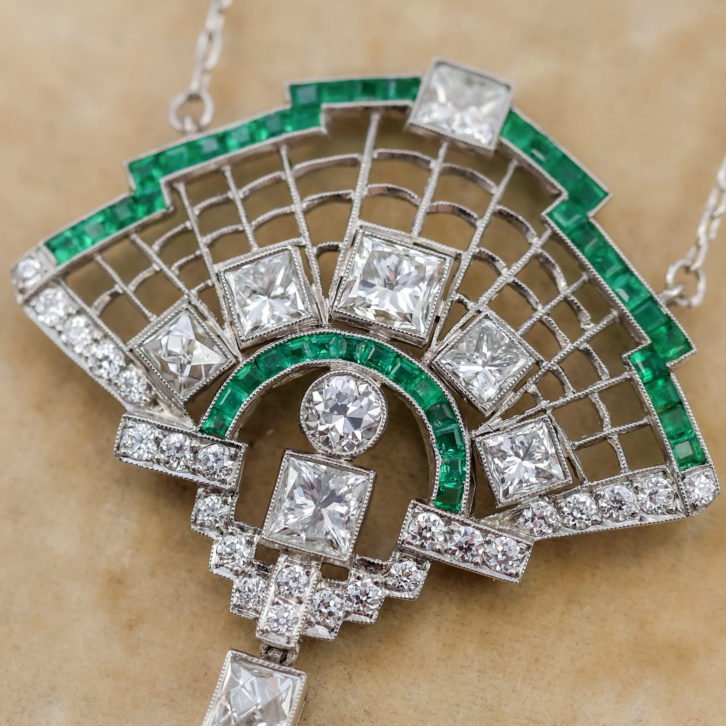 Art Deco Inspired Platinum Diamond and Emerald Necklace - Image 2