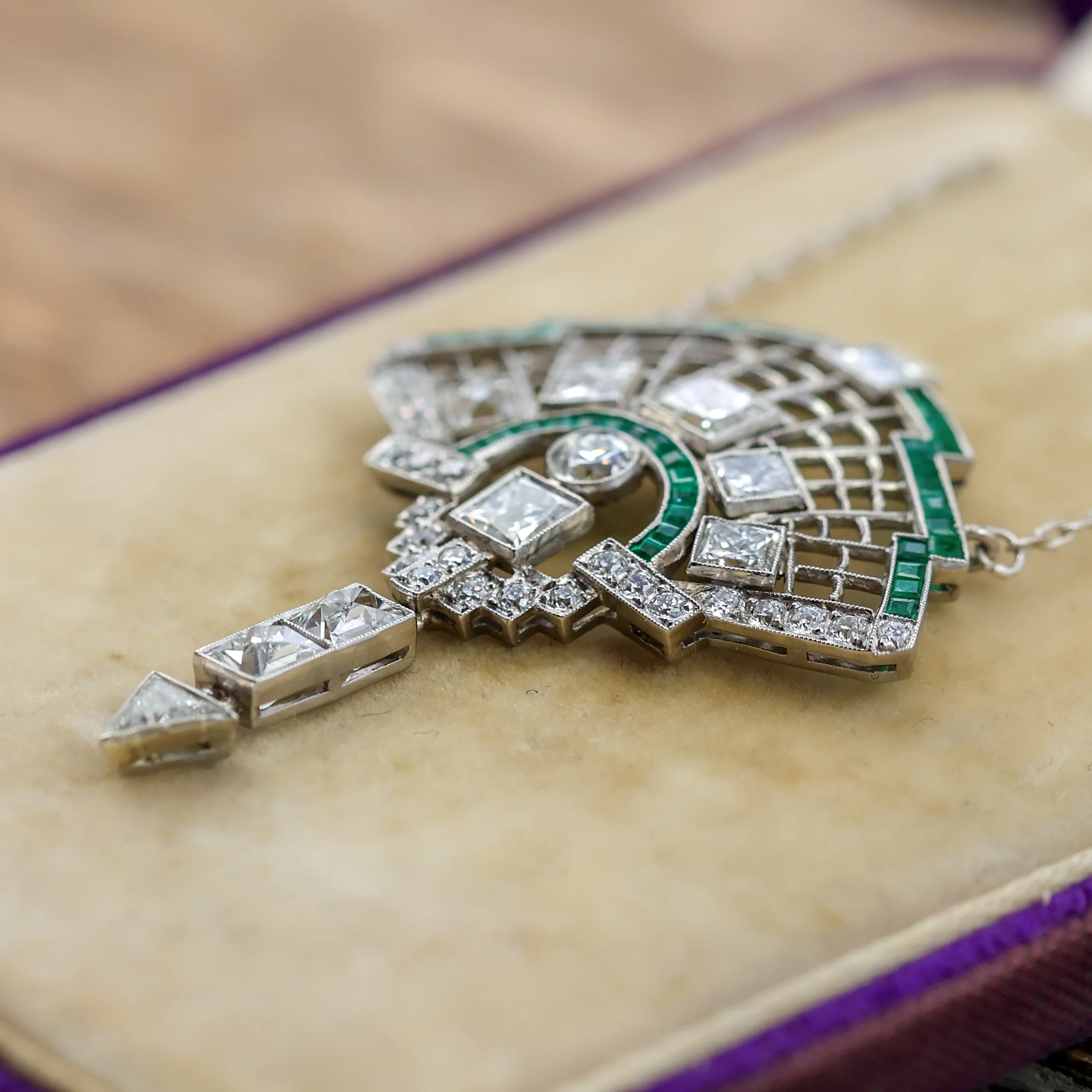 Art Deco Inspired Platinum Diamond and Emerald Necklace - Image 4