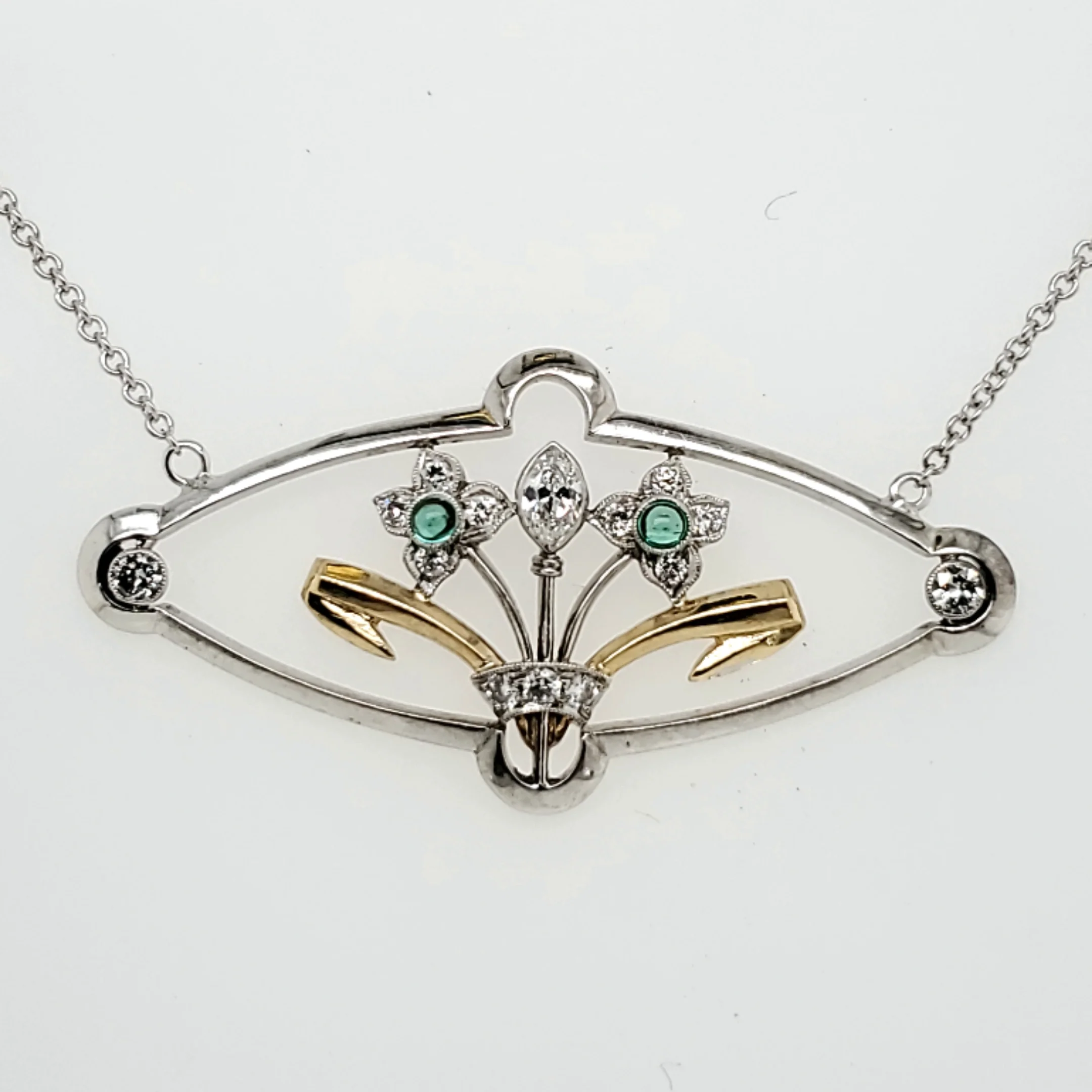 Art Deco Platinum and Yellow Gold Diamond and Emerald East West Neckalce