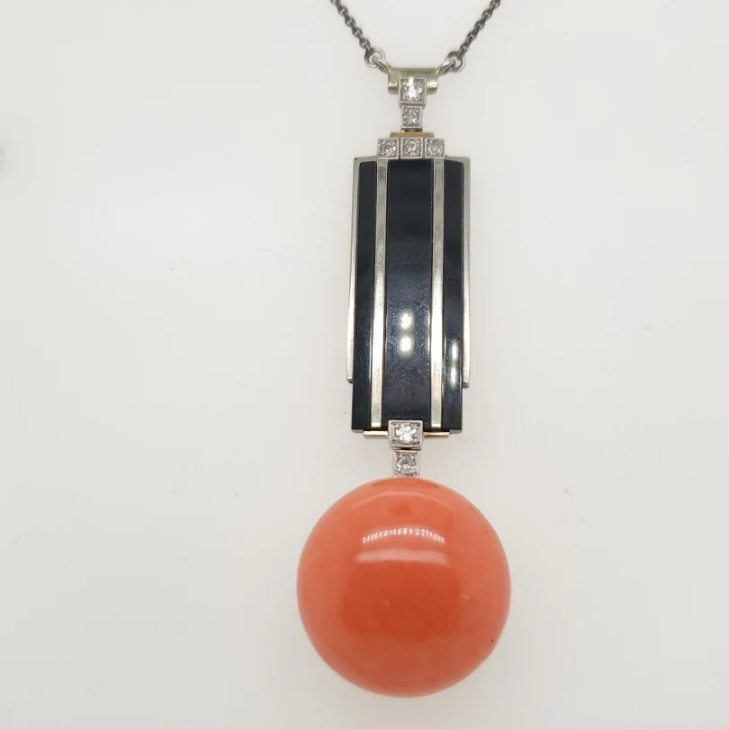Art Deco Platinum Coral Enamel and Diamond Necklace