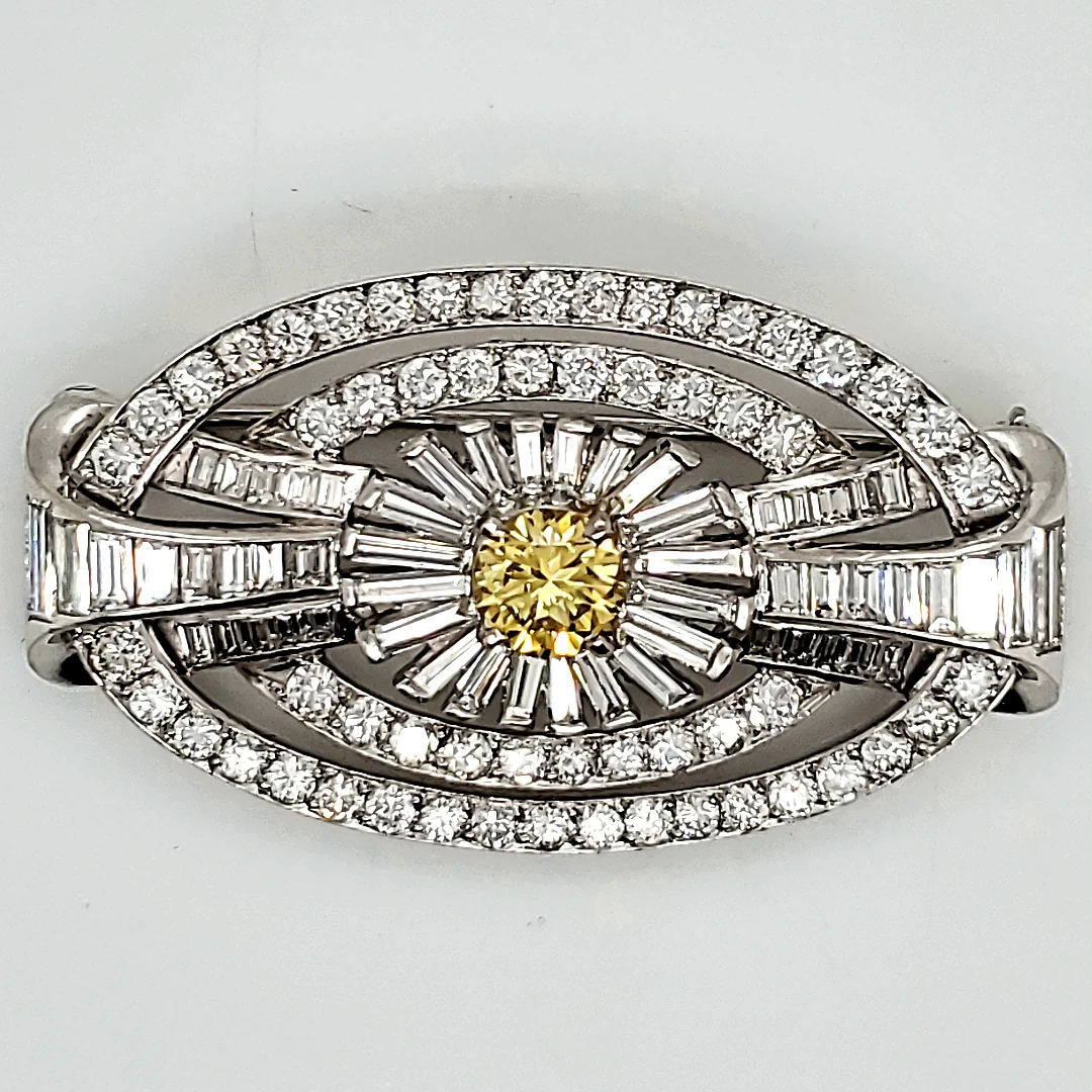 Art Deco Platinum Numbered Round and Baguette Cut Diamond Brooch - Image 2