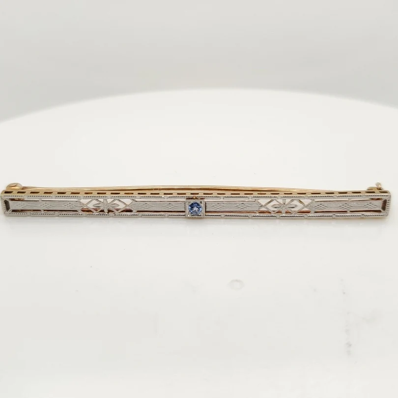 Art Deco Platinum on 14kt Yellow Gold Filigree Sapphire Bar Pin
