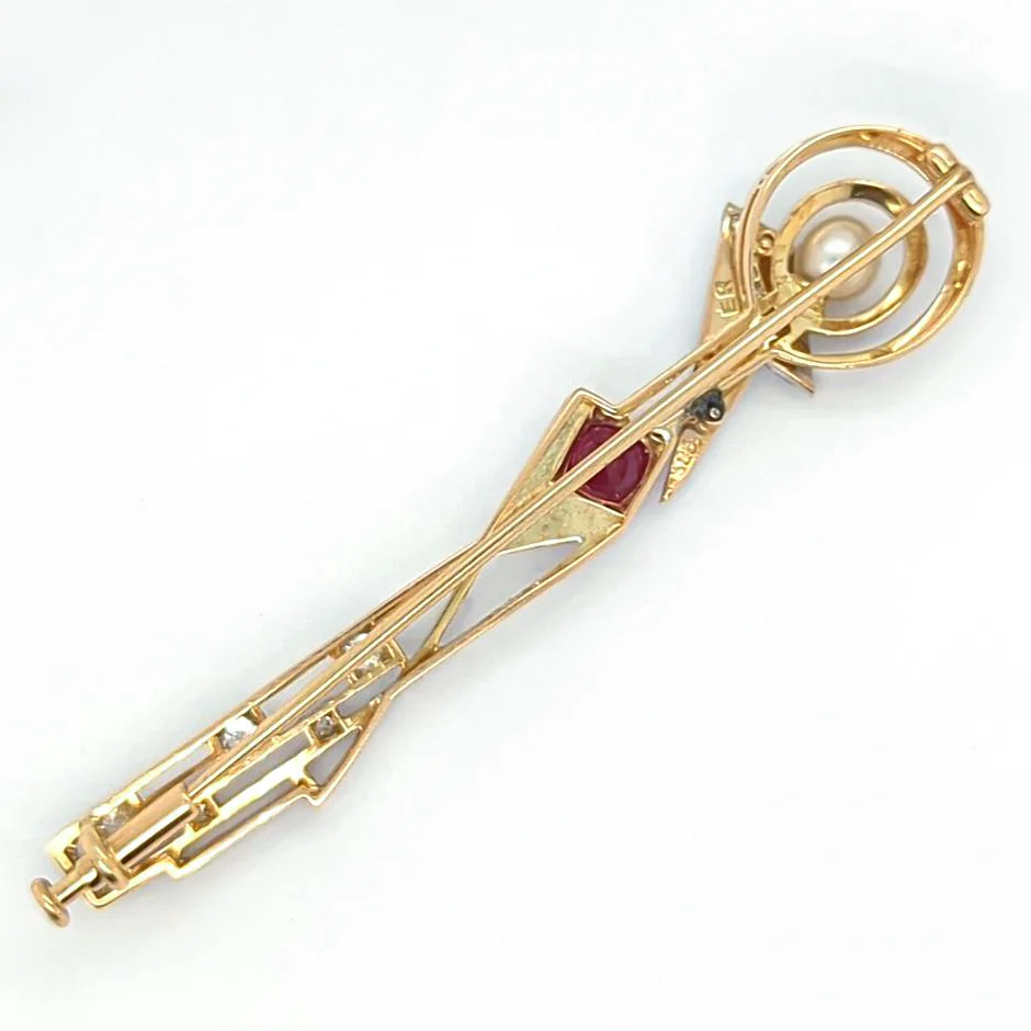 Art Deco Platinum on 14kt Yellow Gold Ruby P{earl and Diamond Elongated Brooch - Image 2