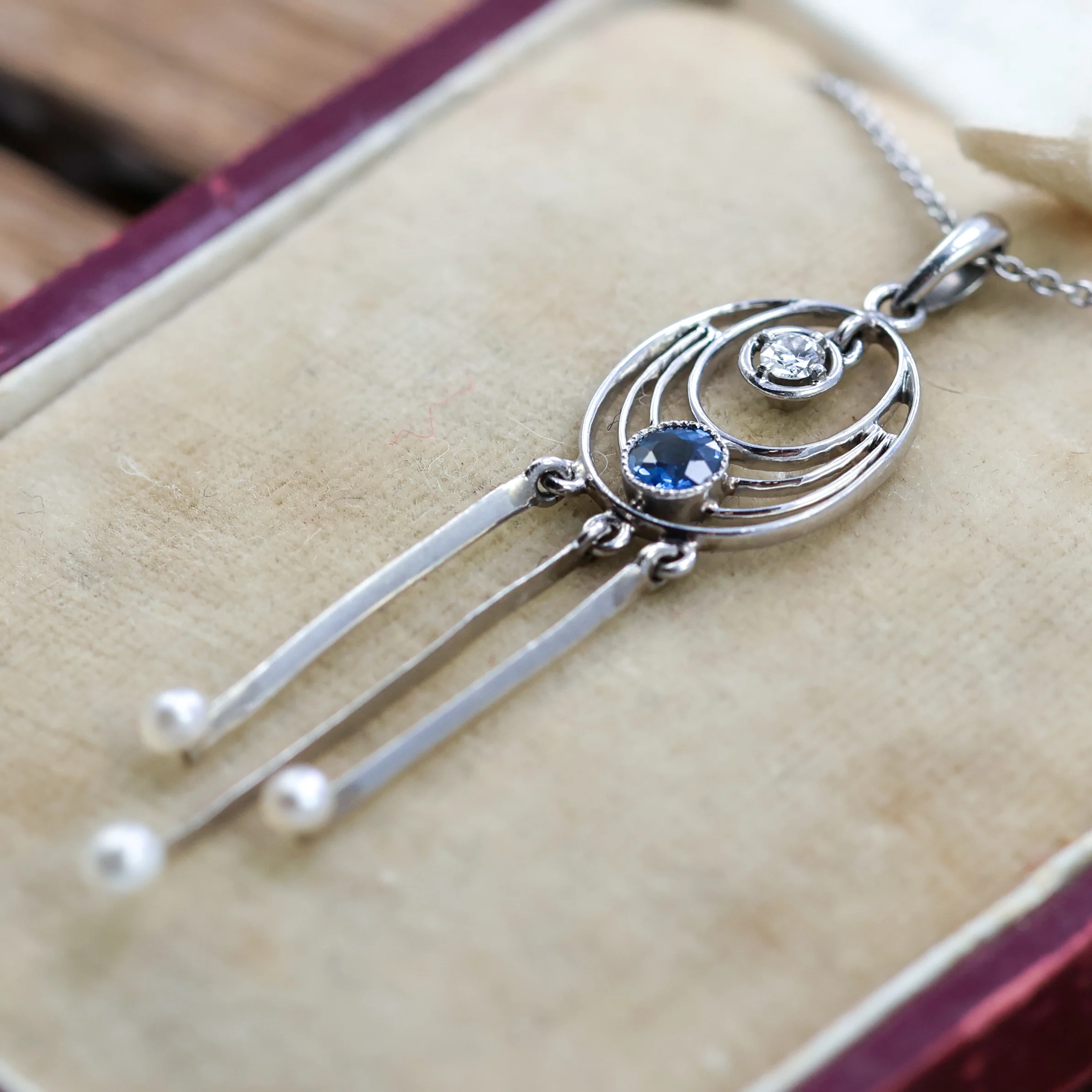 Art Deco Platinum Sapphire Diamond and Natural Pearl Pendant Necklace - Image 2