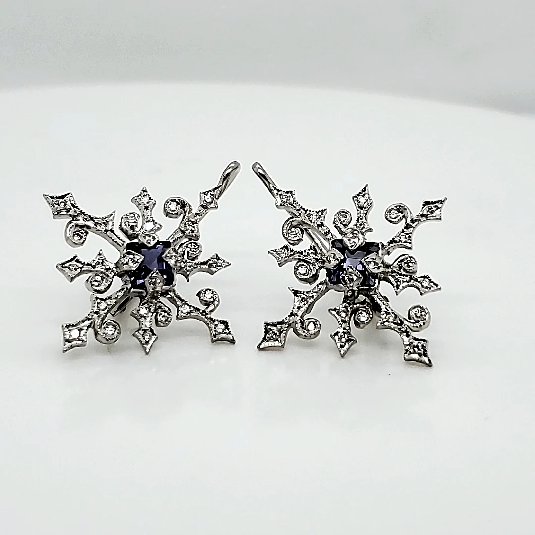 Cathy Waterman Platinum Diamond and Iolite Dangle Earrings - Image 2