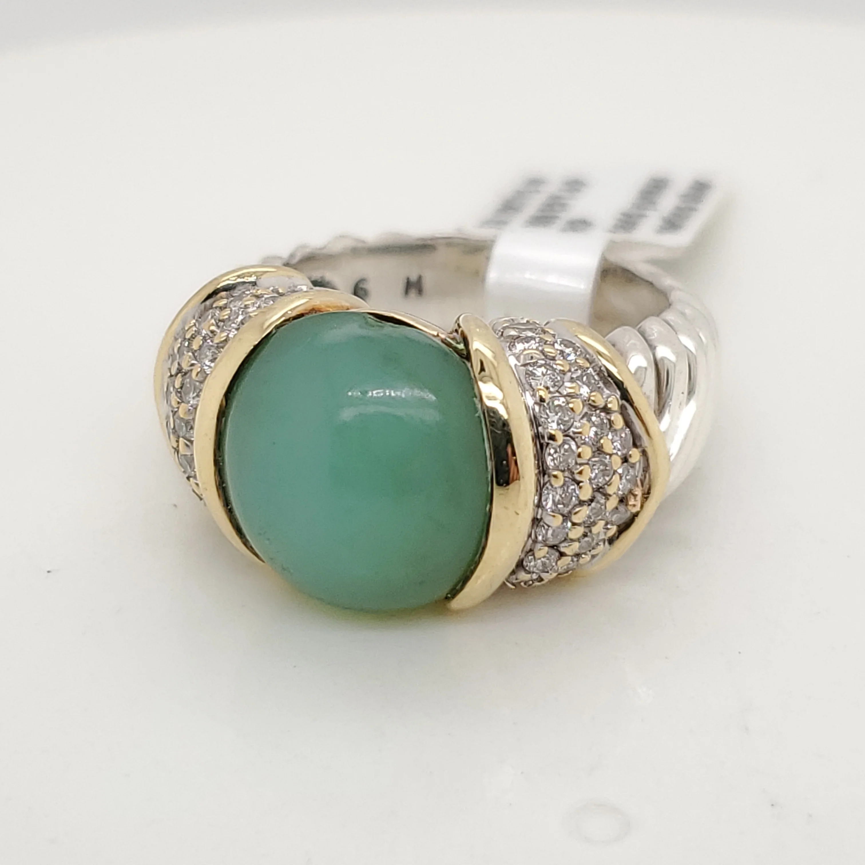David Yurman silver and 18kt gold, diamond and chalcedony thoroughbred ring