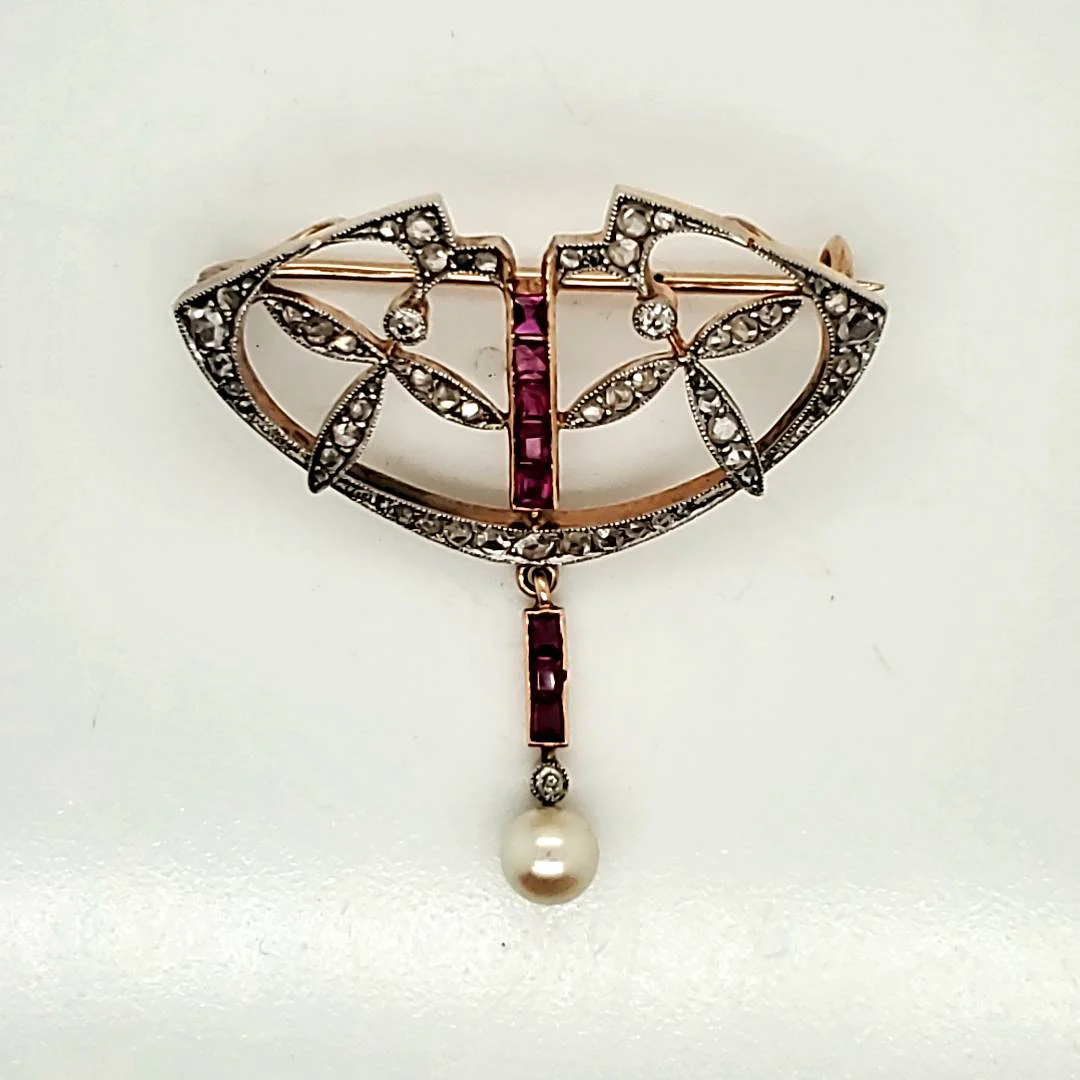 Edwardian Belle Epoch Platinum on 14kt Yellow Gold Diamond Ruby and Pearl Brooch