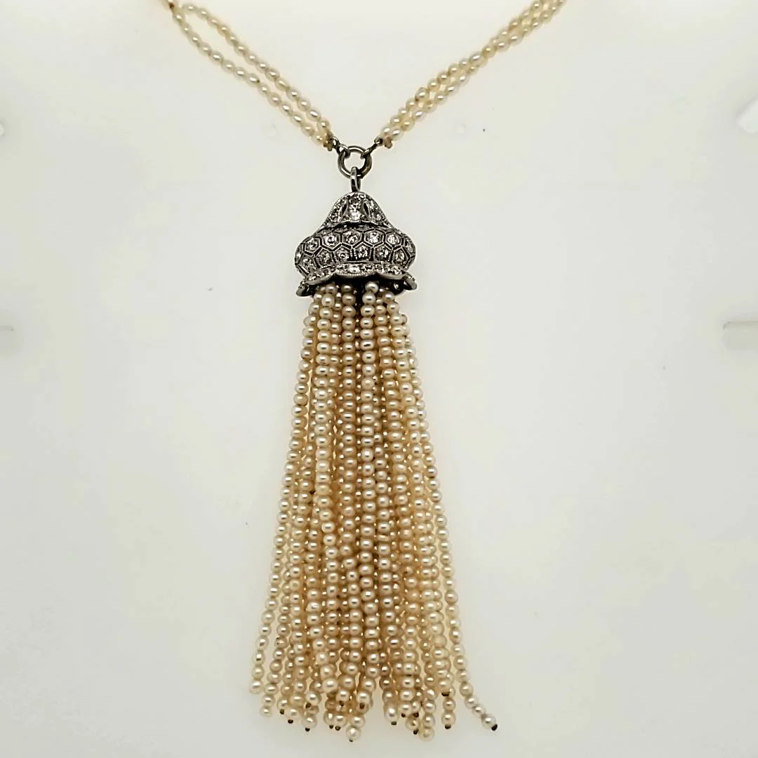 Edwardian Platinum Natural Seed Pearl And Diamond Tassel Necklace