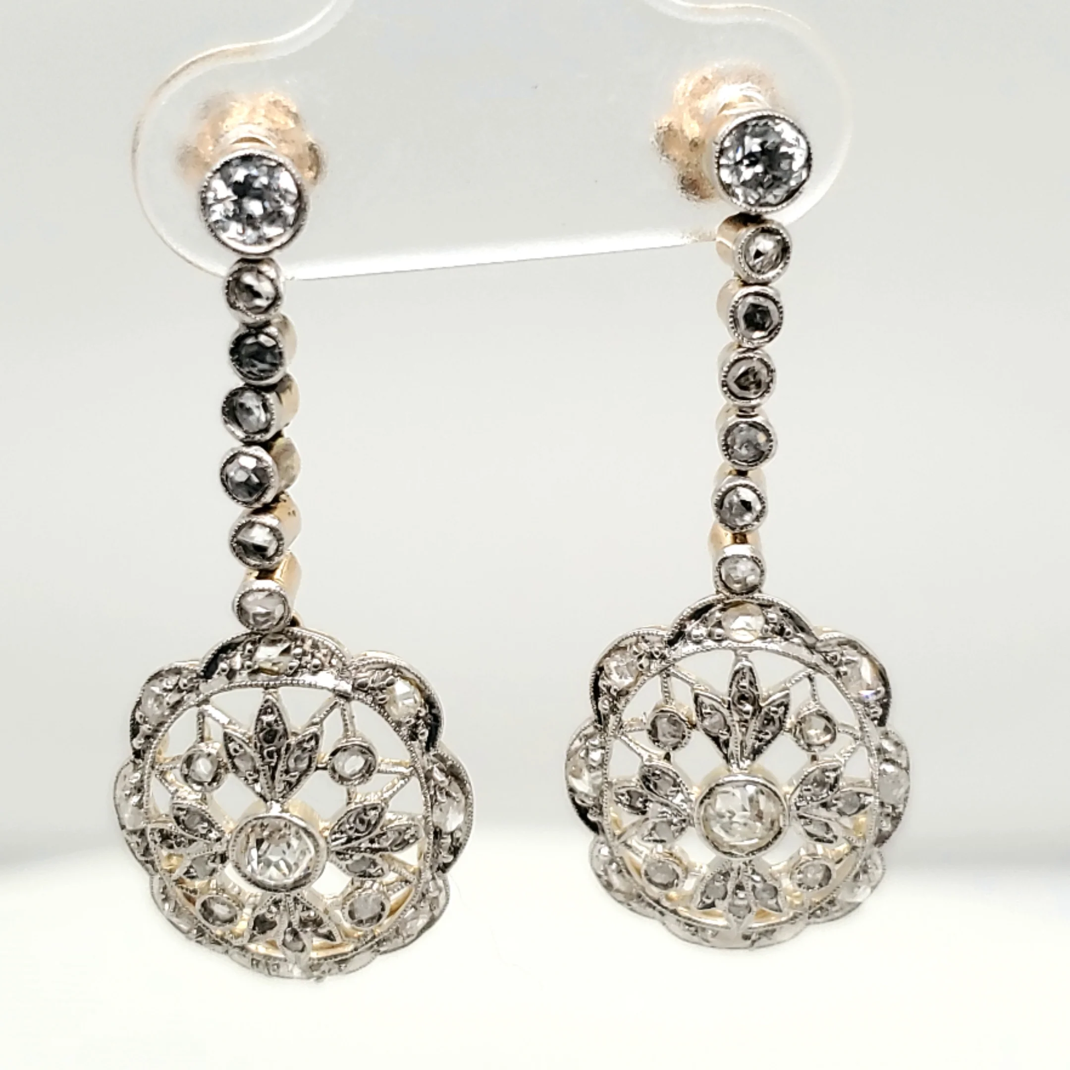 Edwardian Style Platinum on 18kt Yellow Gold and Diamond Dangle Earrings