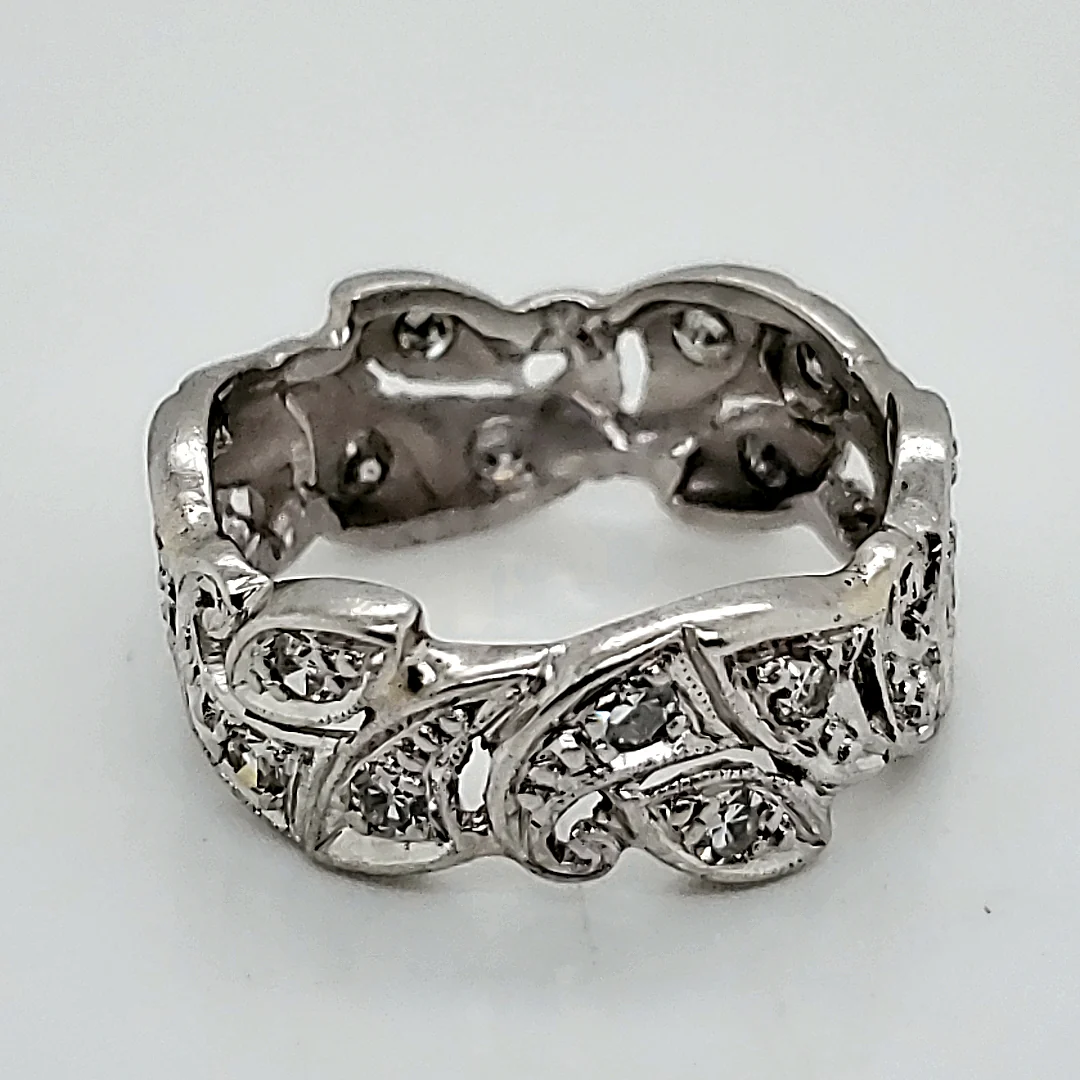 Filigree Art Deco size 5.5 platinum and diamond wide eternity band