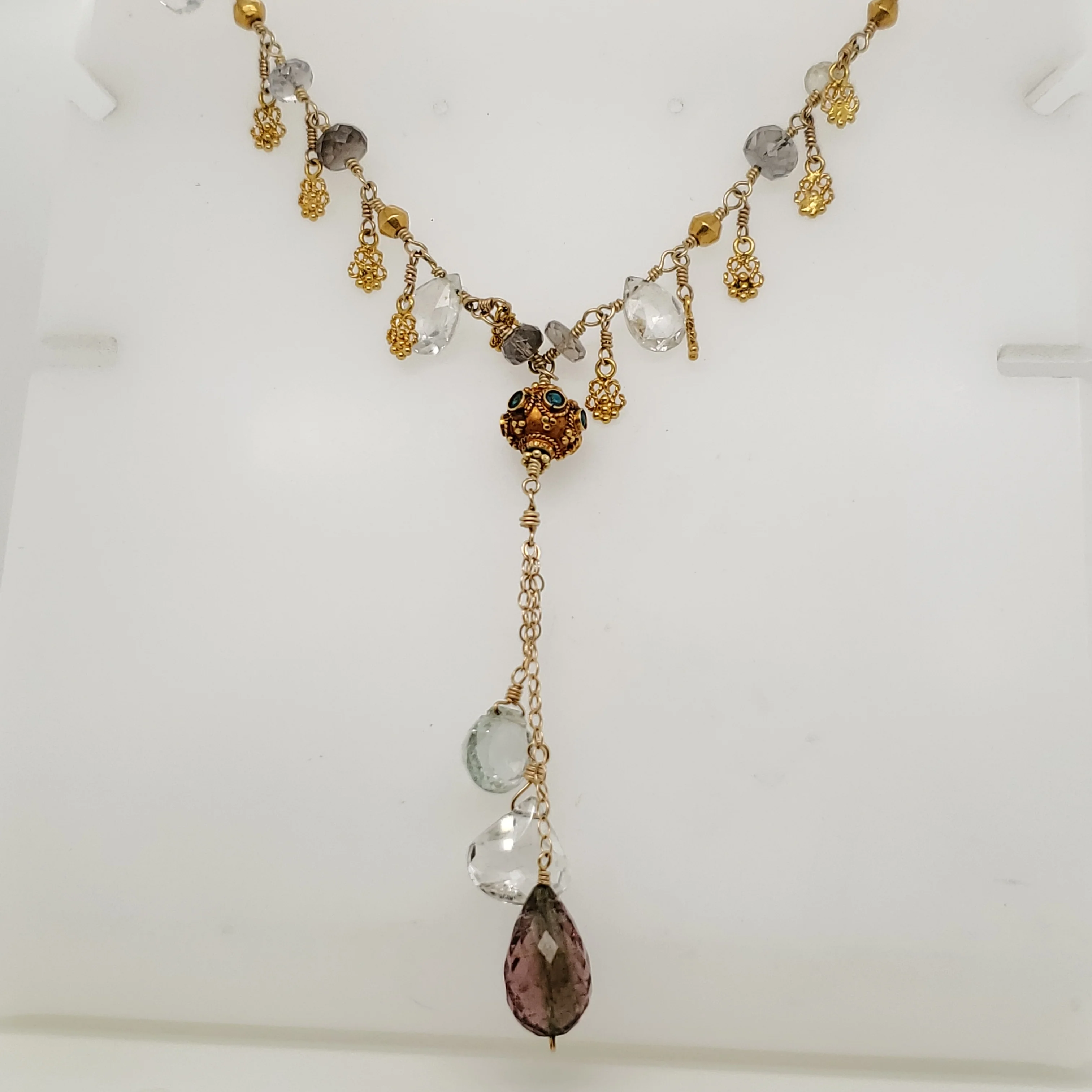 Hand Made 14Kt And 22Kt Yellow Gold Gem Stone Lariat Style Necklace