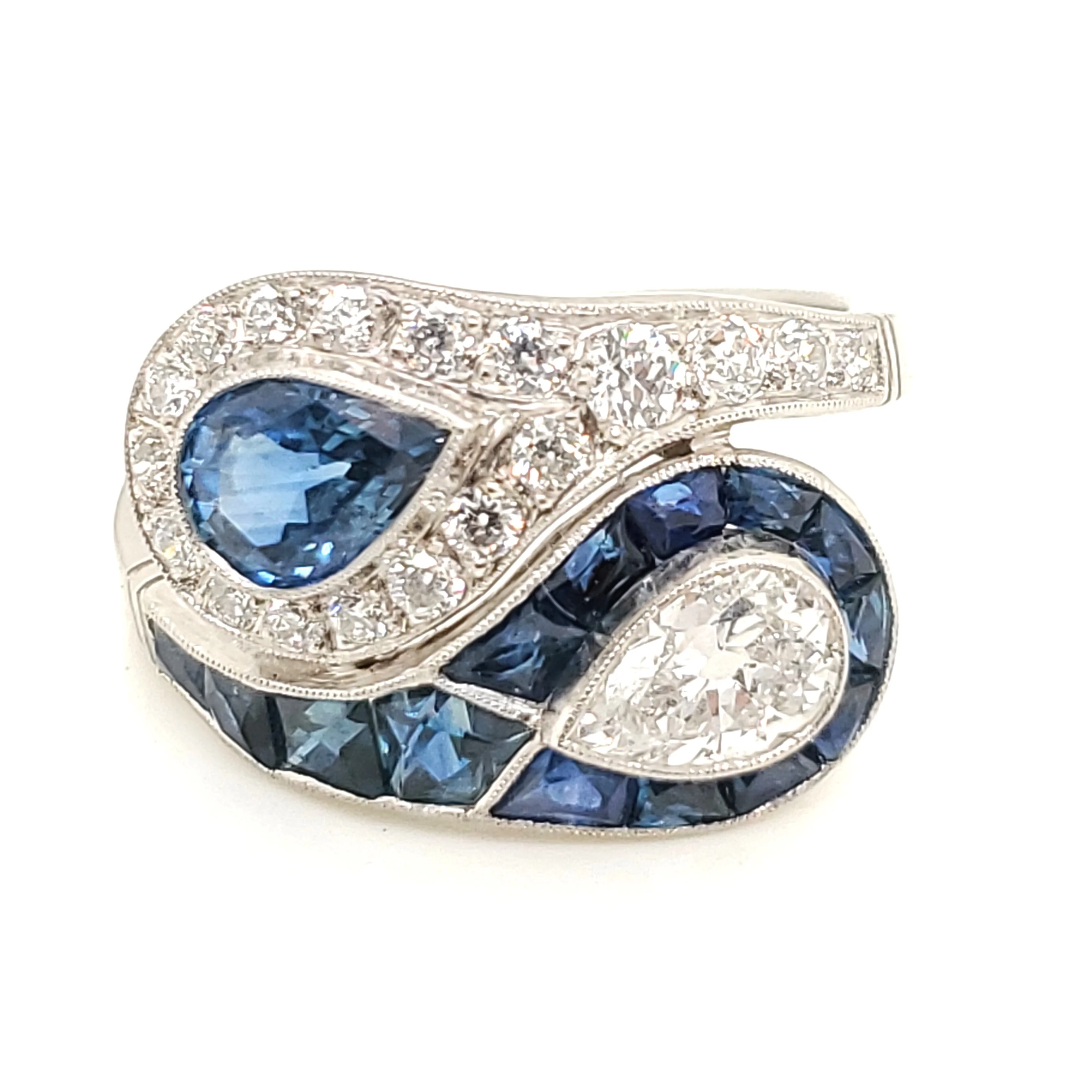 Modern Art Deco Style Platinum Diamond and Sapphire Yin and Yang Ring