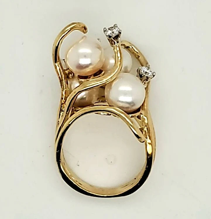 Modernist 18kt Yellow Gold Pearl and Diamond Ring - Image 2