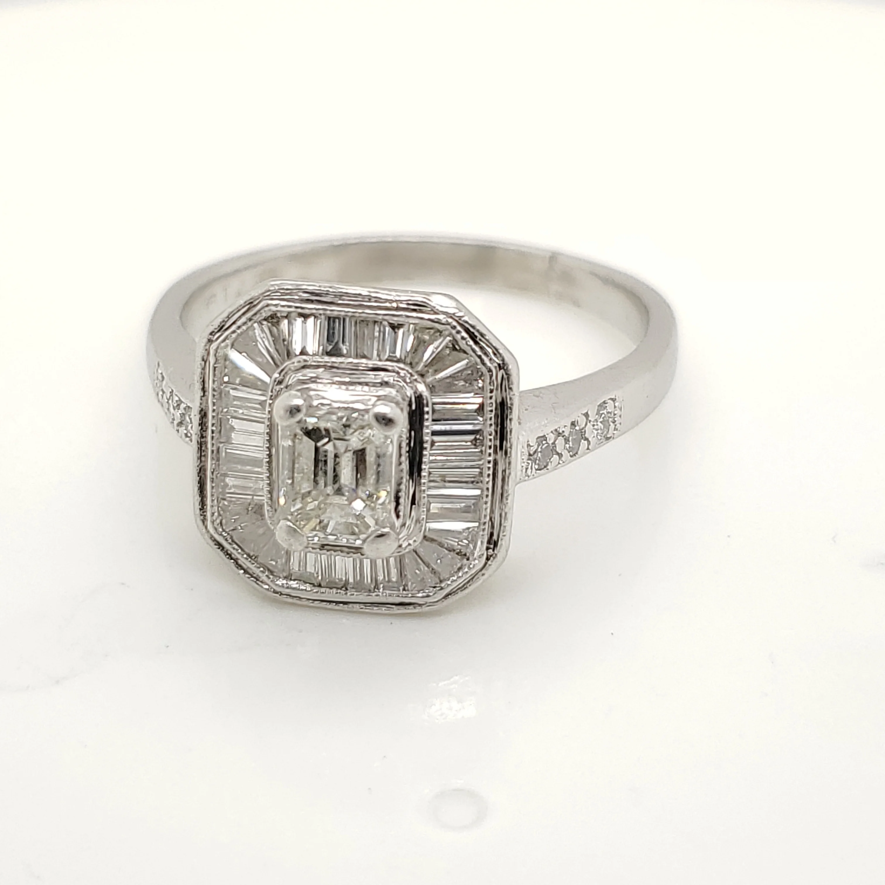 Platinum  Emerald Round and Baguette Cut Diamond Engagement Ring