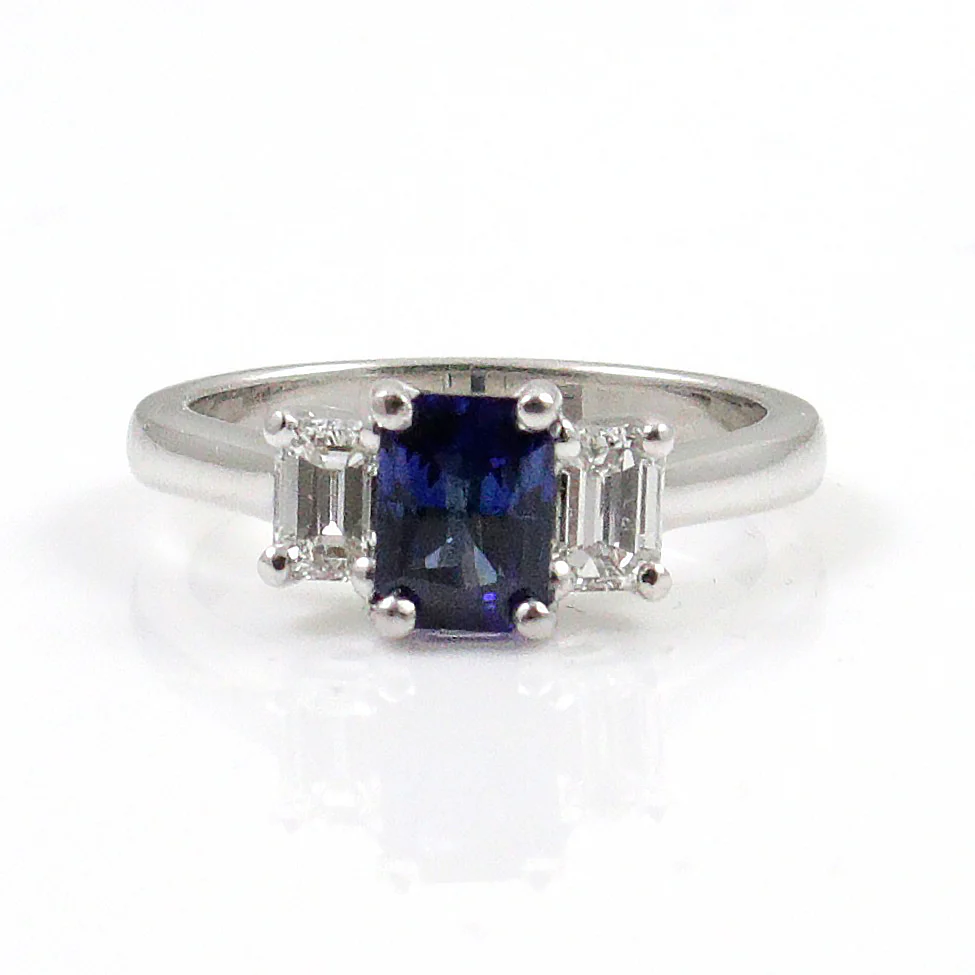 Platinum Ring With  1.19 Carat Emerald Cut Blue Sapphire and Emerald Cut Diamond Ring - Image 2