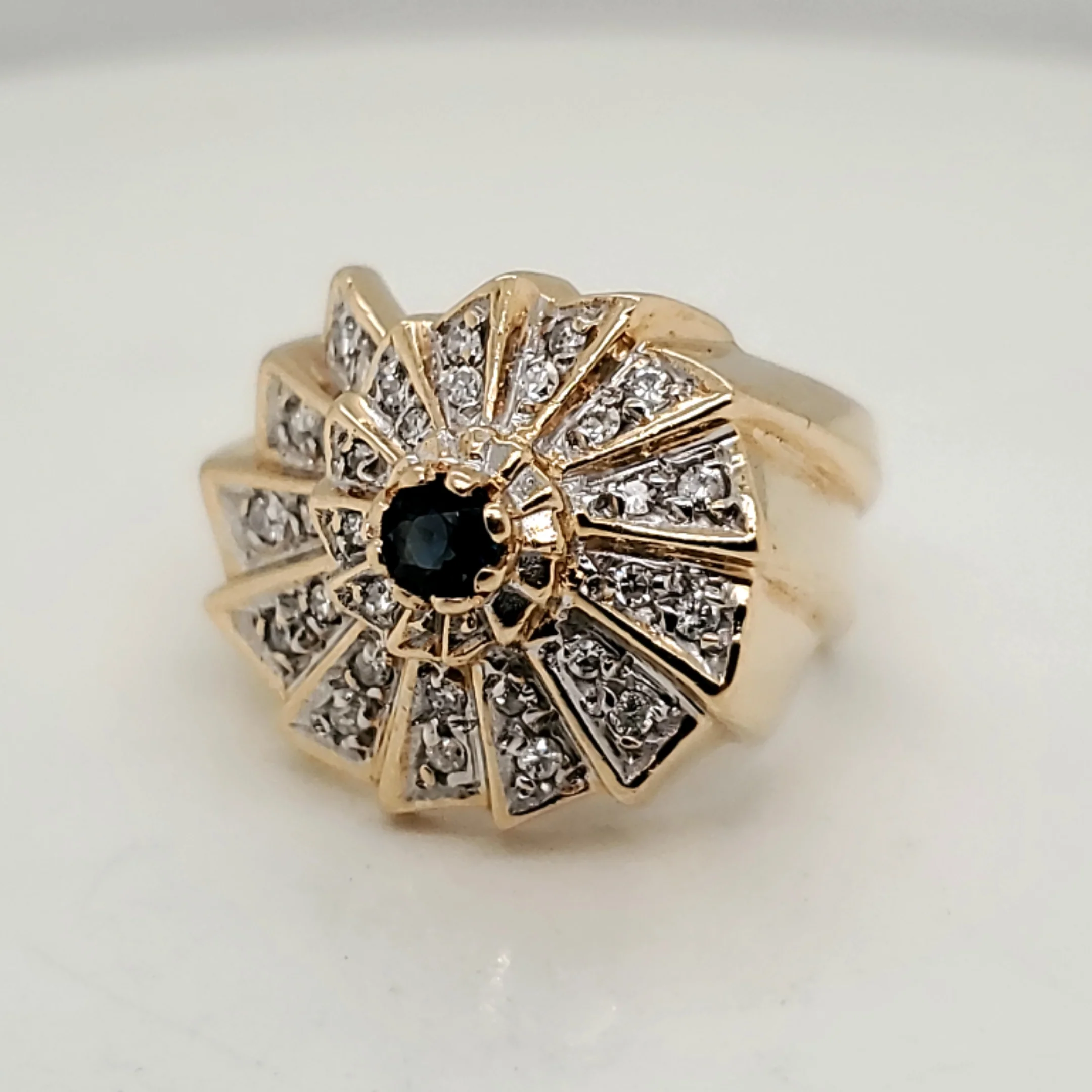 Signed Erte 14kt gold, sapphire and diamond ring