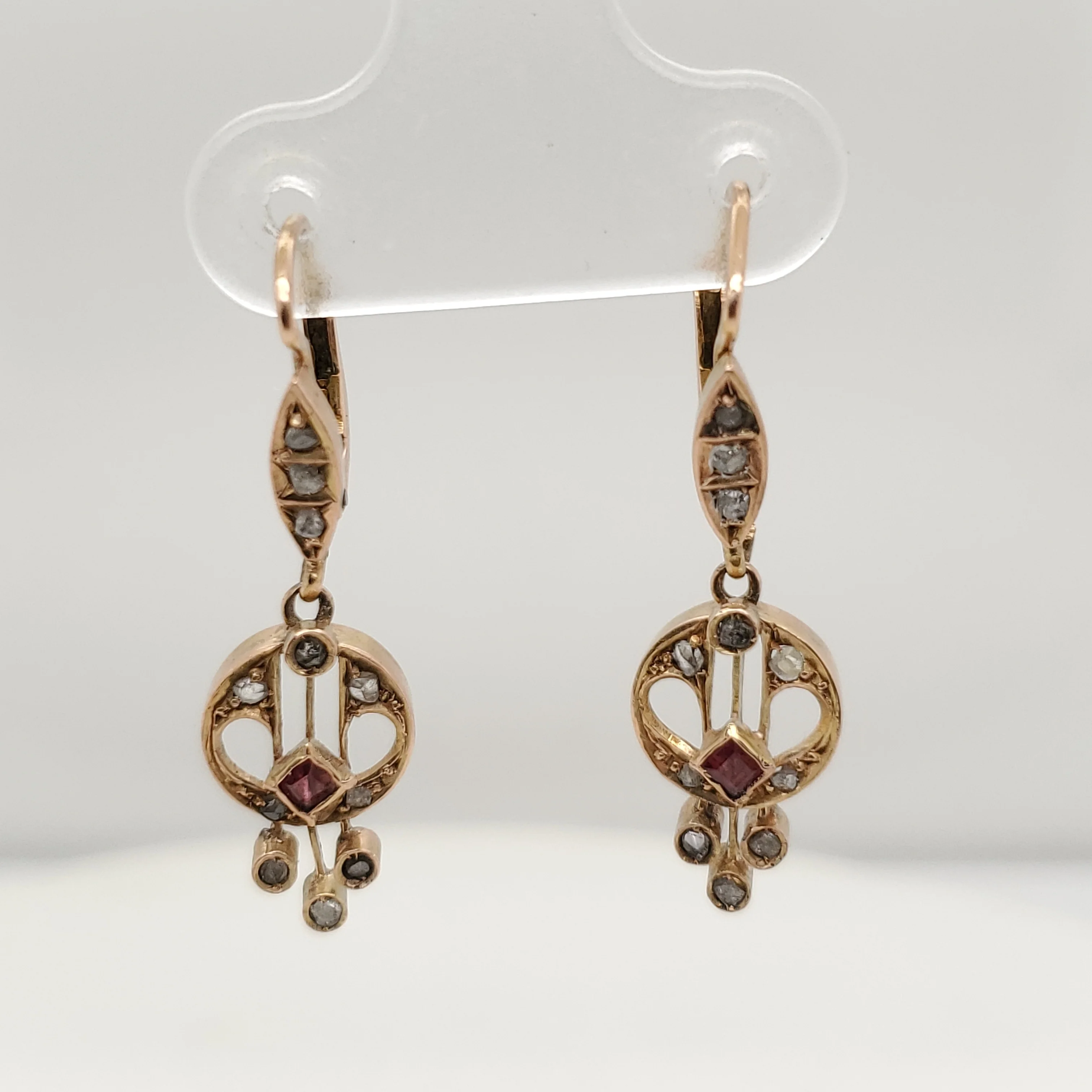 Victorian 14kt Yellow Gold Ruby and Diamond Dangle Earrings